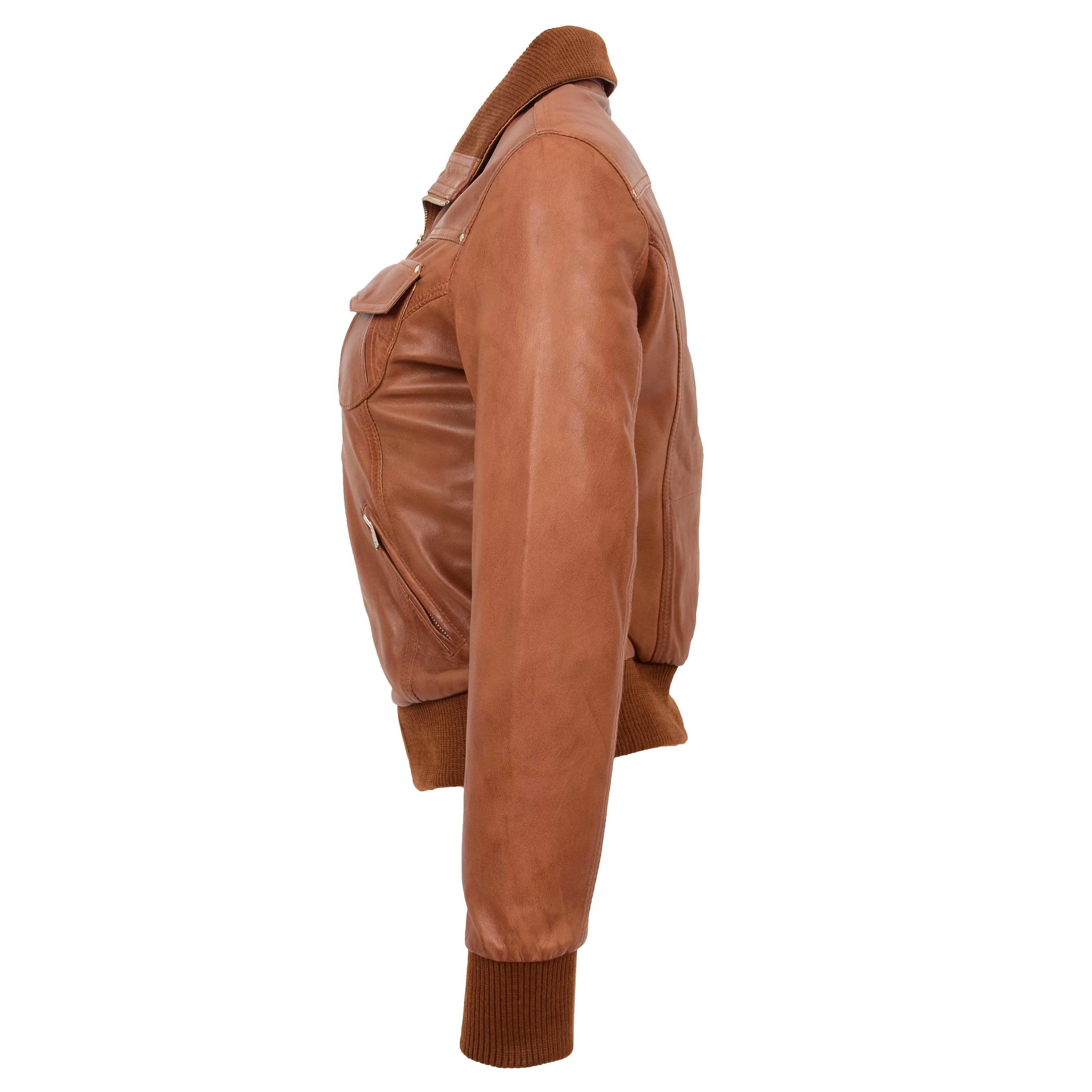 Womens Leather Classic Bomber Jacket Motto Crimson Tan