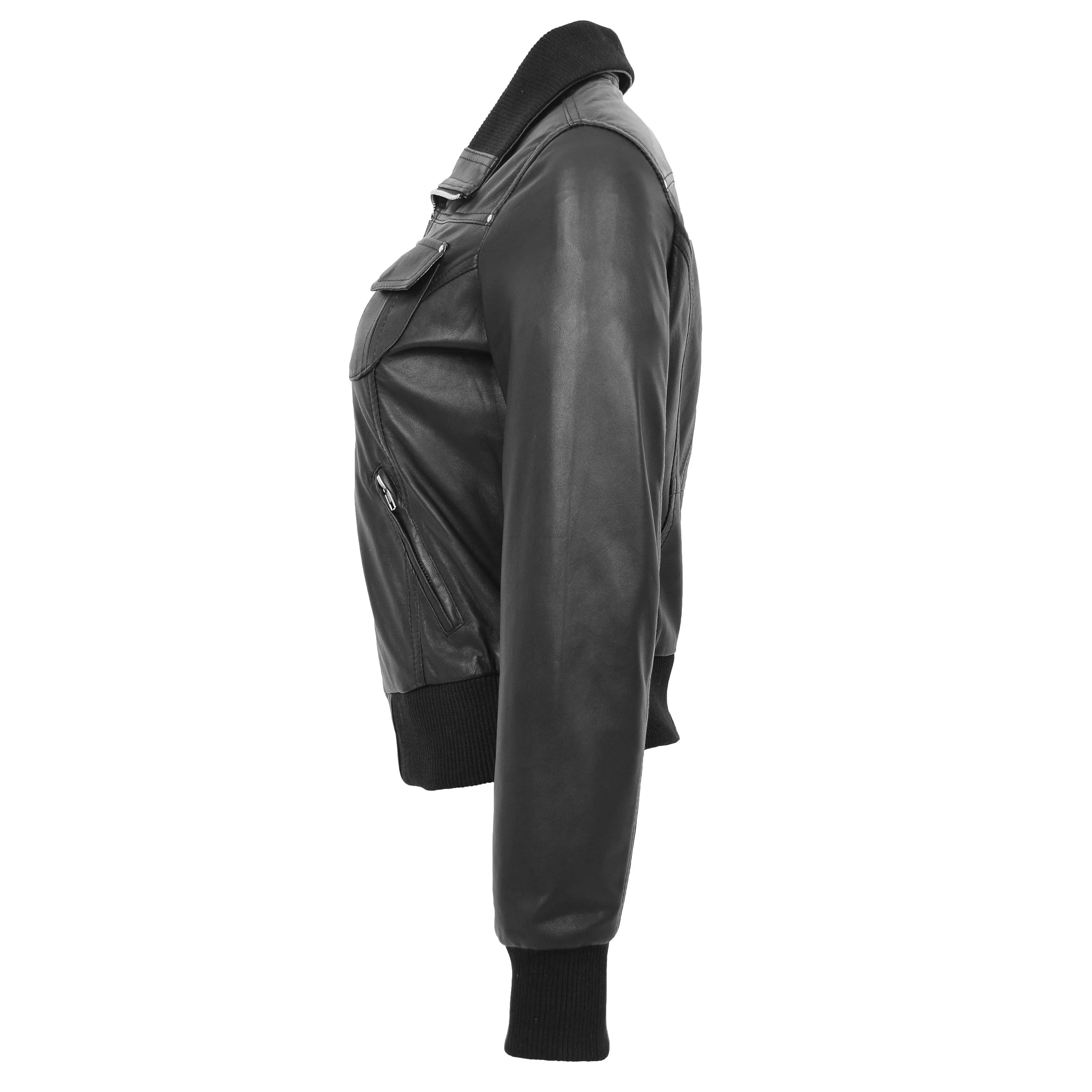 Womens Leather Varsity Quilted Bomber Jacket Onyx Black