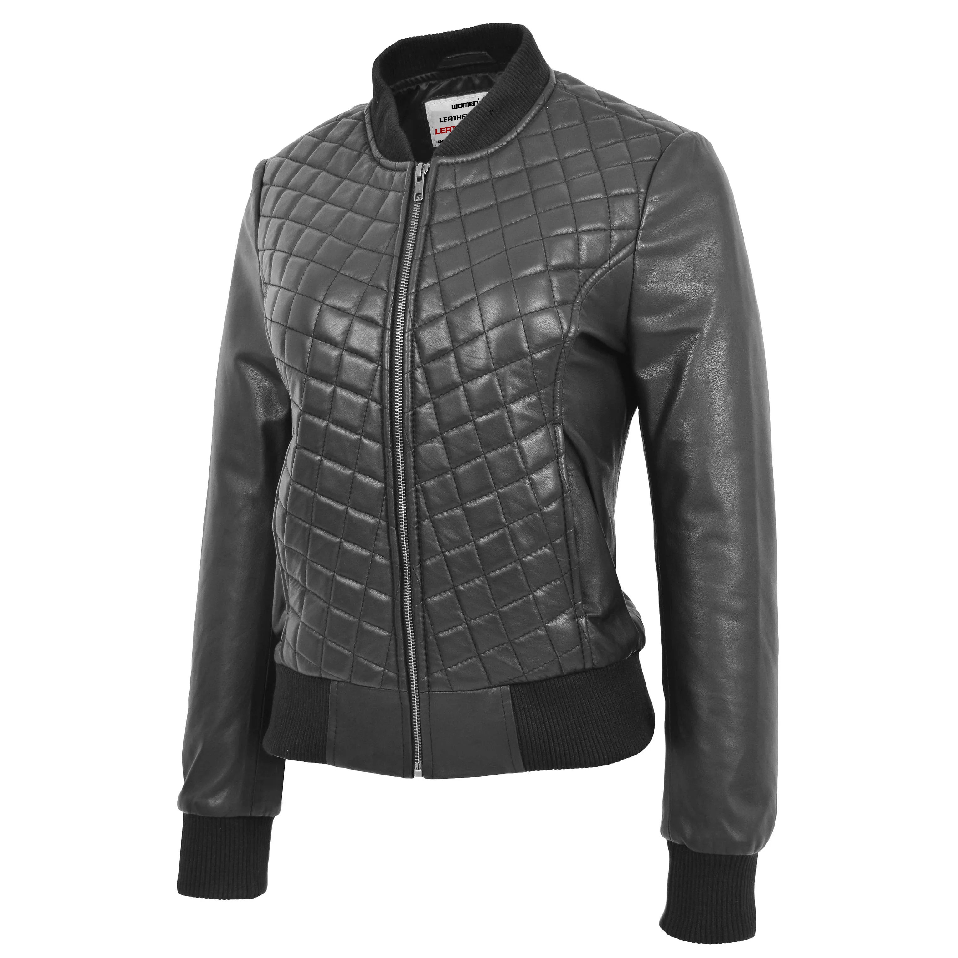 Womens Leather Varsity Quilted Bomber Jacket Onyx Black