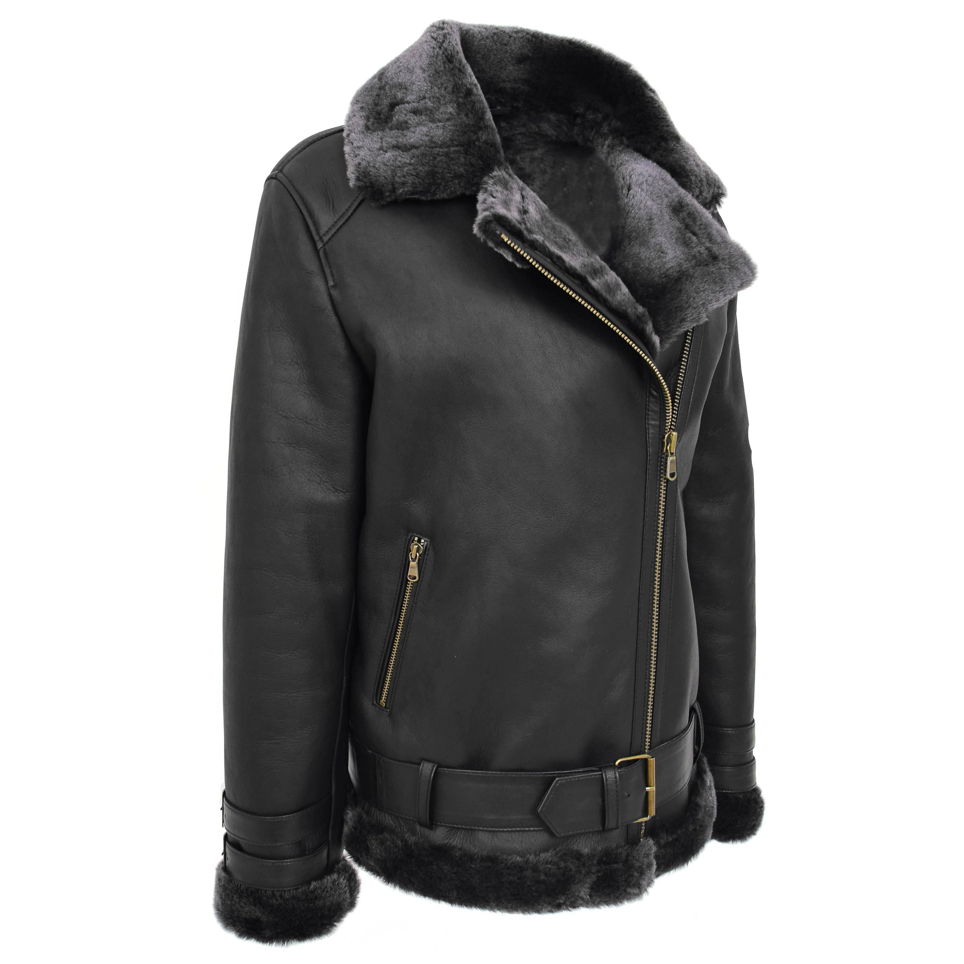 Womens Sheepskin Aviator Cross Zip Pilot Jacket Onyx Black