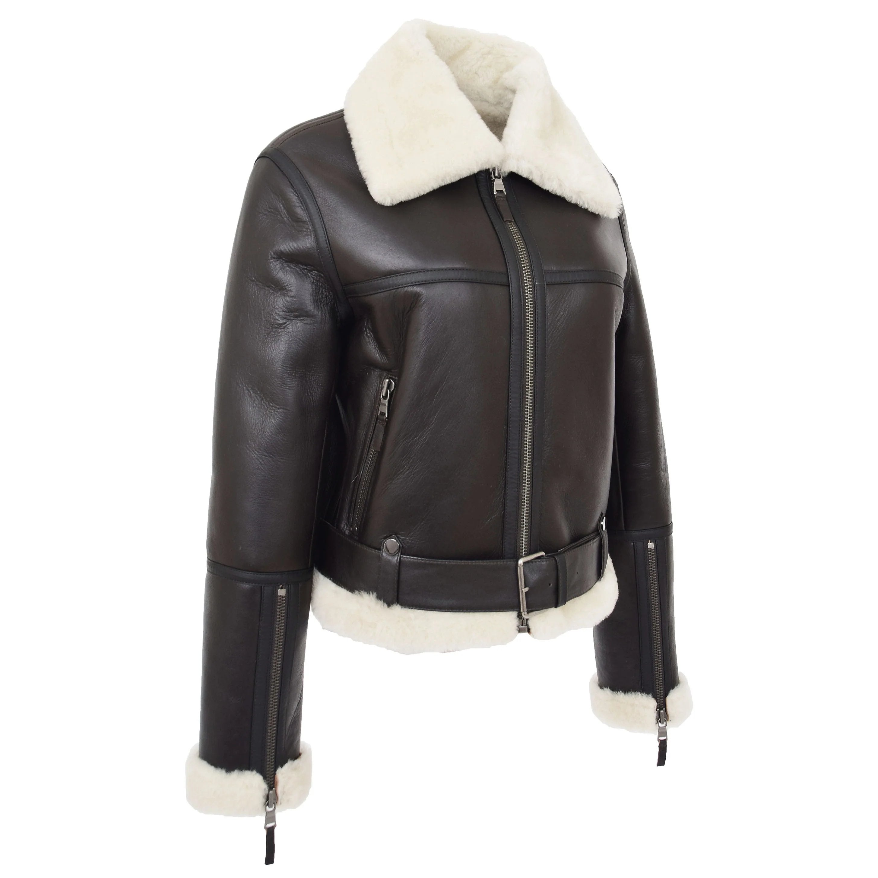 Womens Sheepskin Aviator RAF Pilot Jacket Topaz Brown White