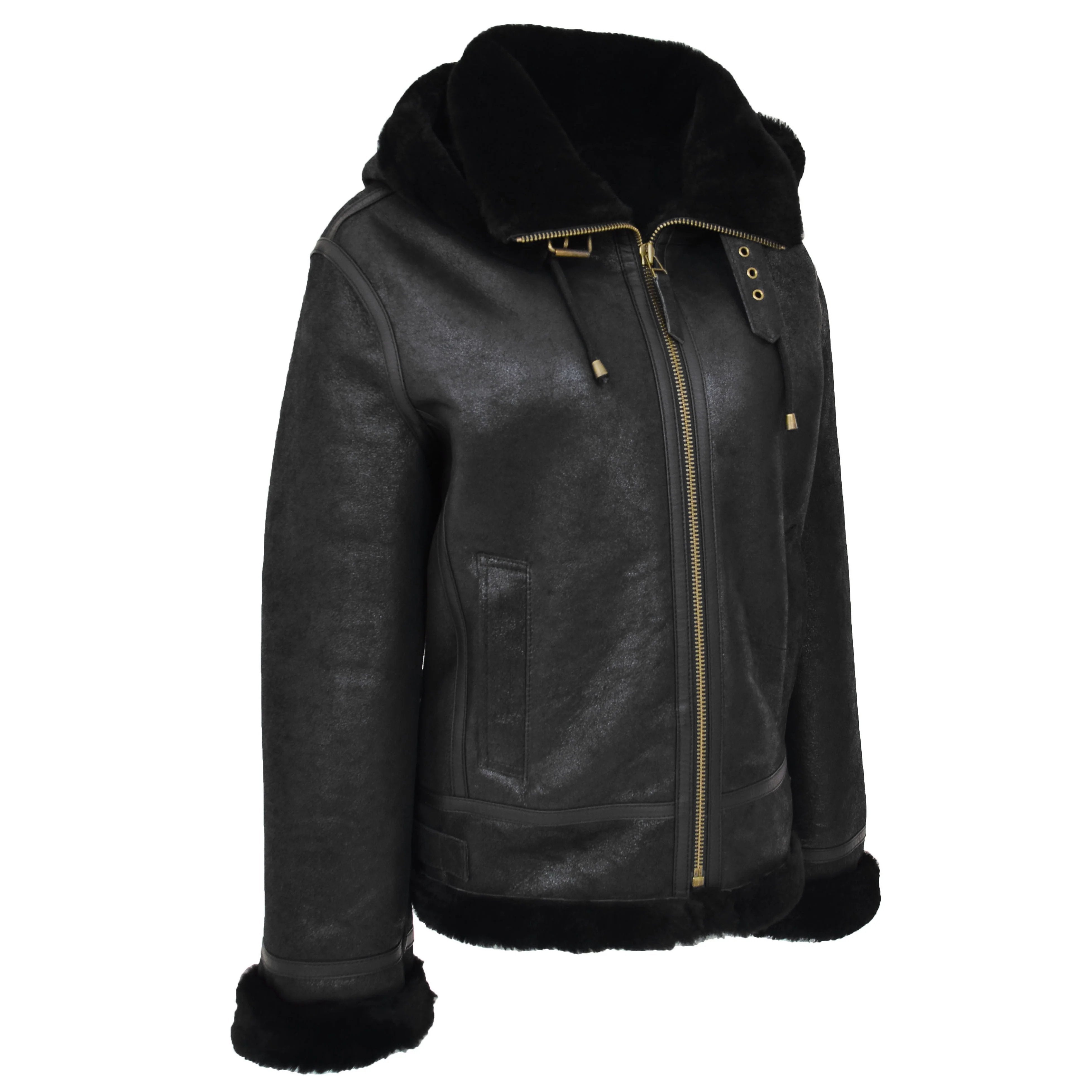 Womens Sheepskin B3 Detachable Hoodie Jacket Onyx Black