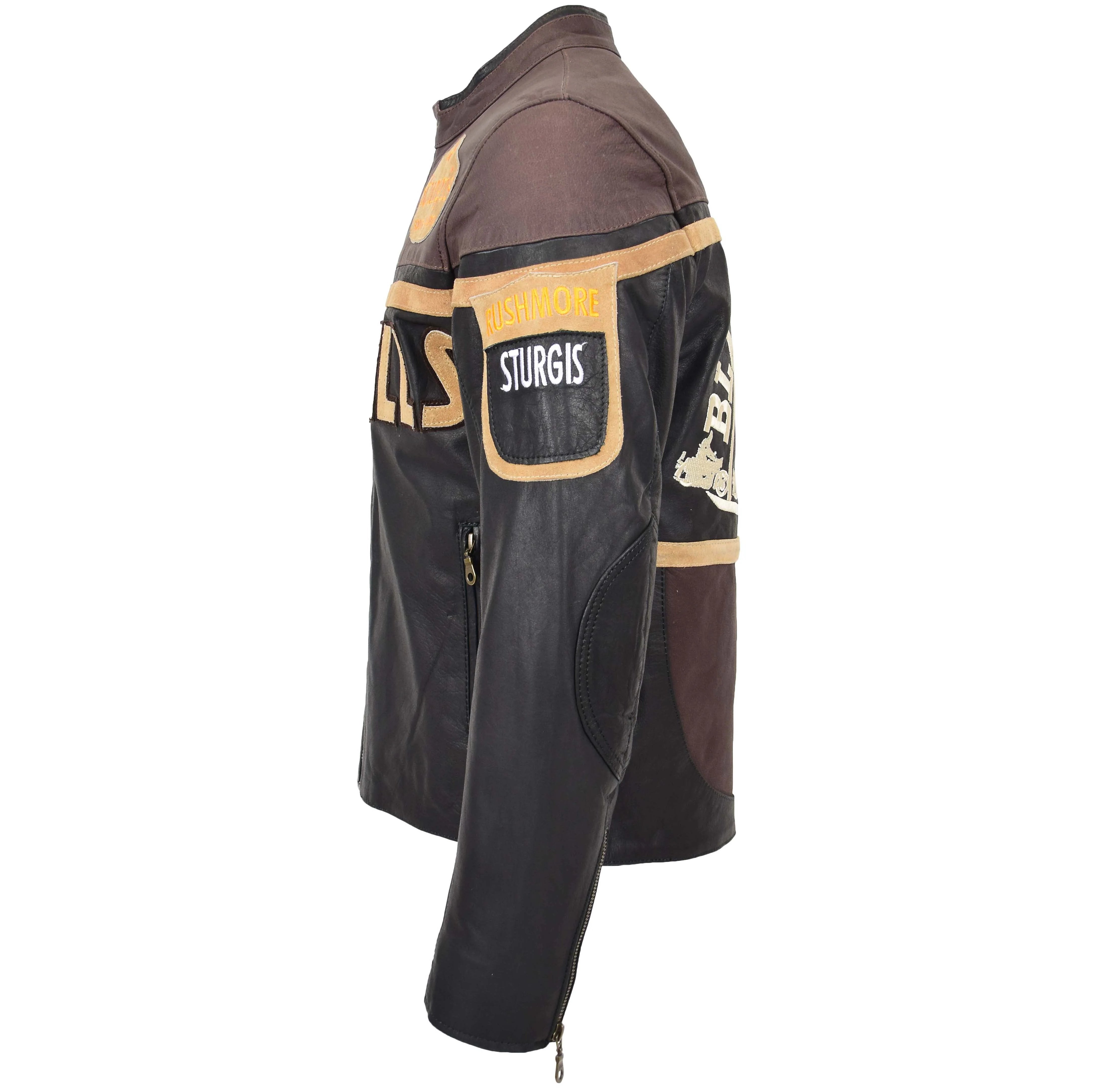 Mens Leather Racing Badges Jacket ‘Black Hills’ Topaz Brown