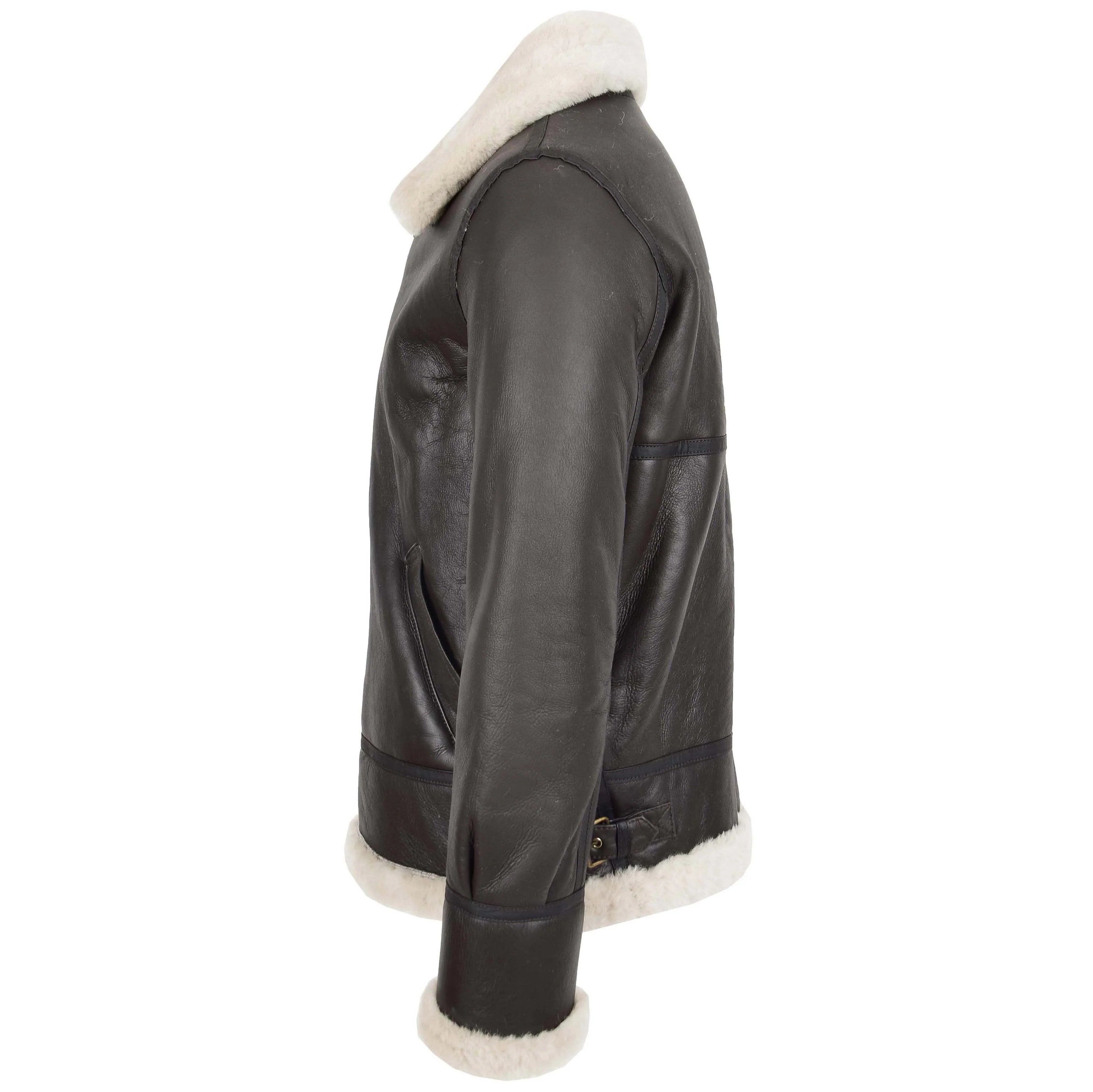 Men's Classic B3 Original Sheepskin Leather Bomber Jacket Topaz Black White