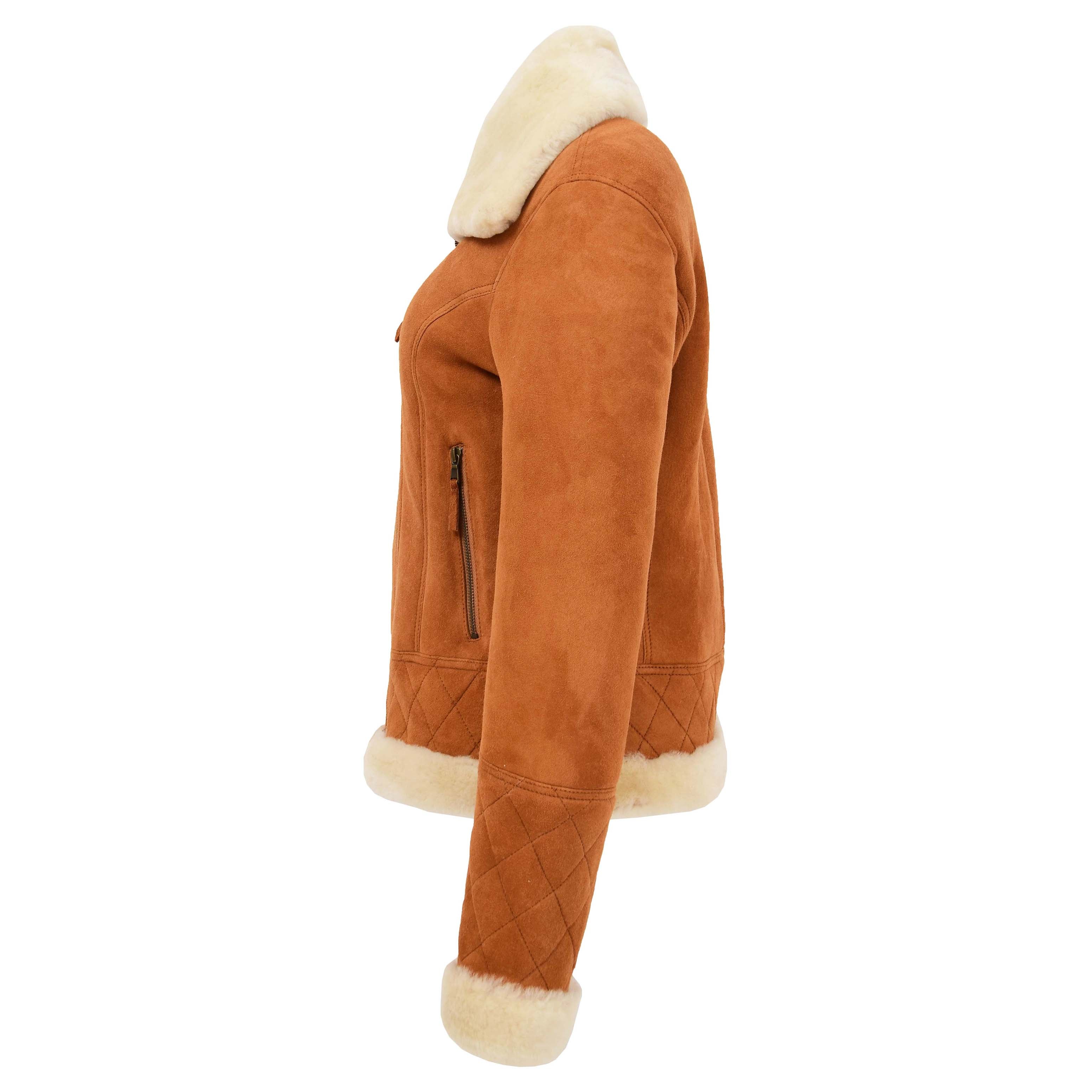 Womens Merino Sheepskin Aviator Jacket Crimson Tan