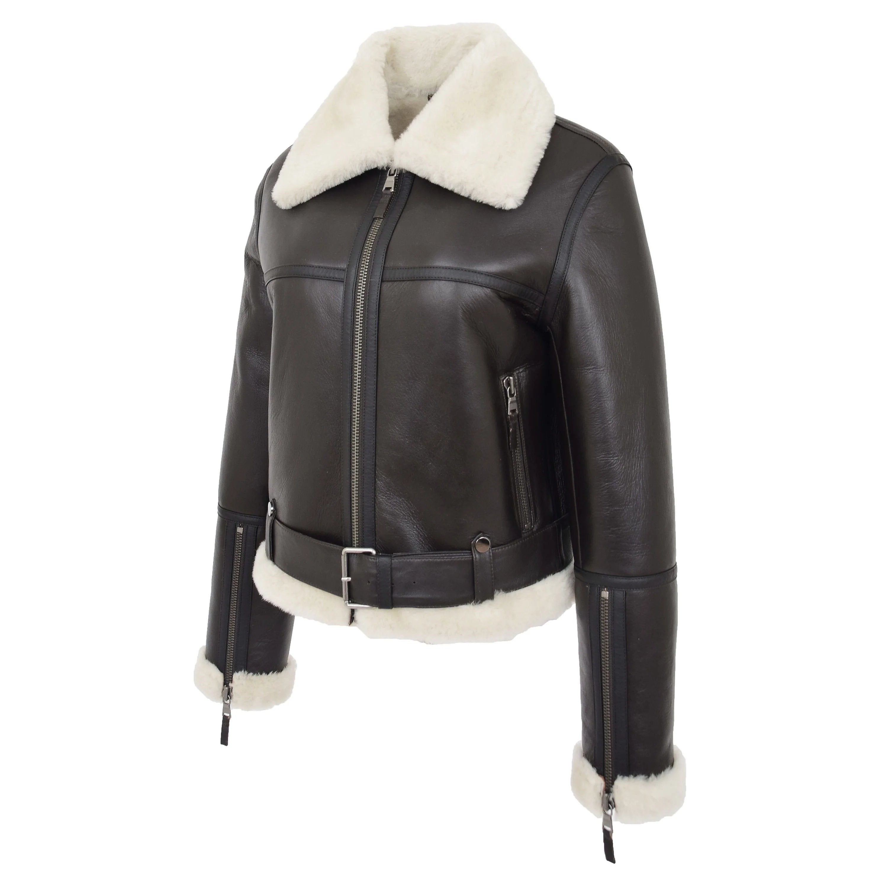 Womens Sheepskin Aviator RAF Pilot Jacket Topaz Brown White