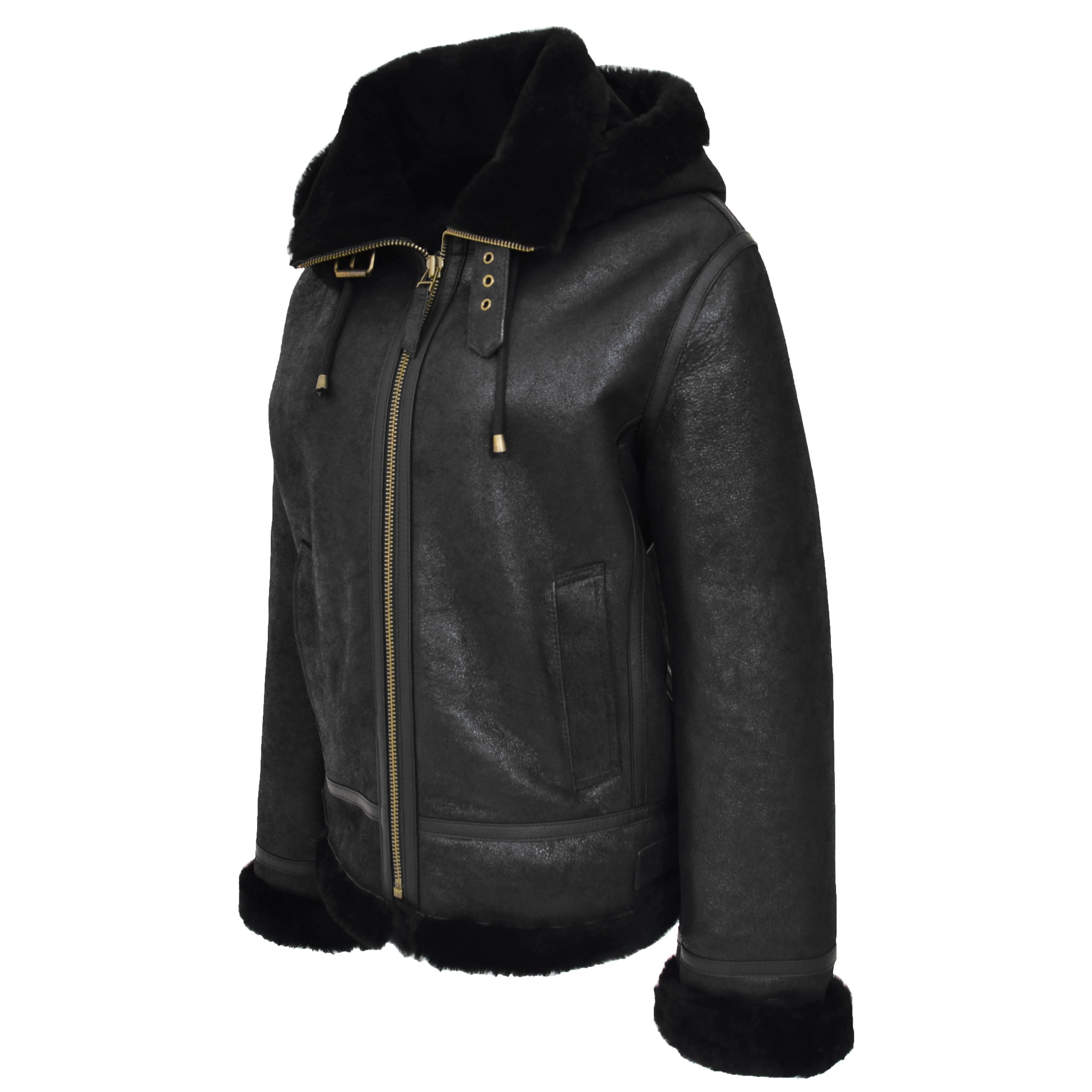 Womens Sheepskin B3 Detachable Hoodie Jacket Onyx Black