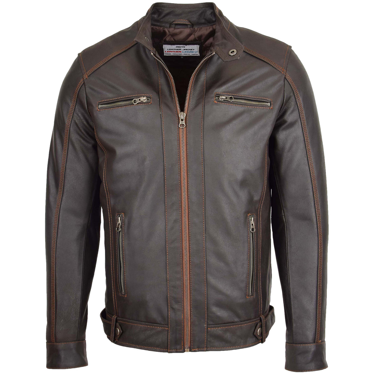 Mens Classic Leather Biker Style Zip Jacket Topaz brown