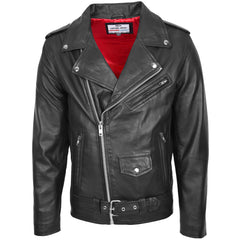 Mens Leather Biker Jacket Brando Style Onyx black