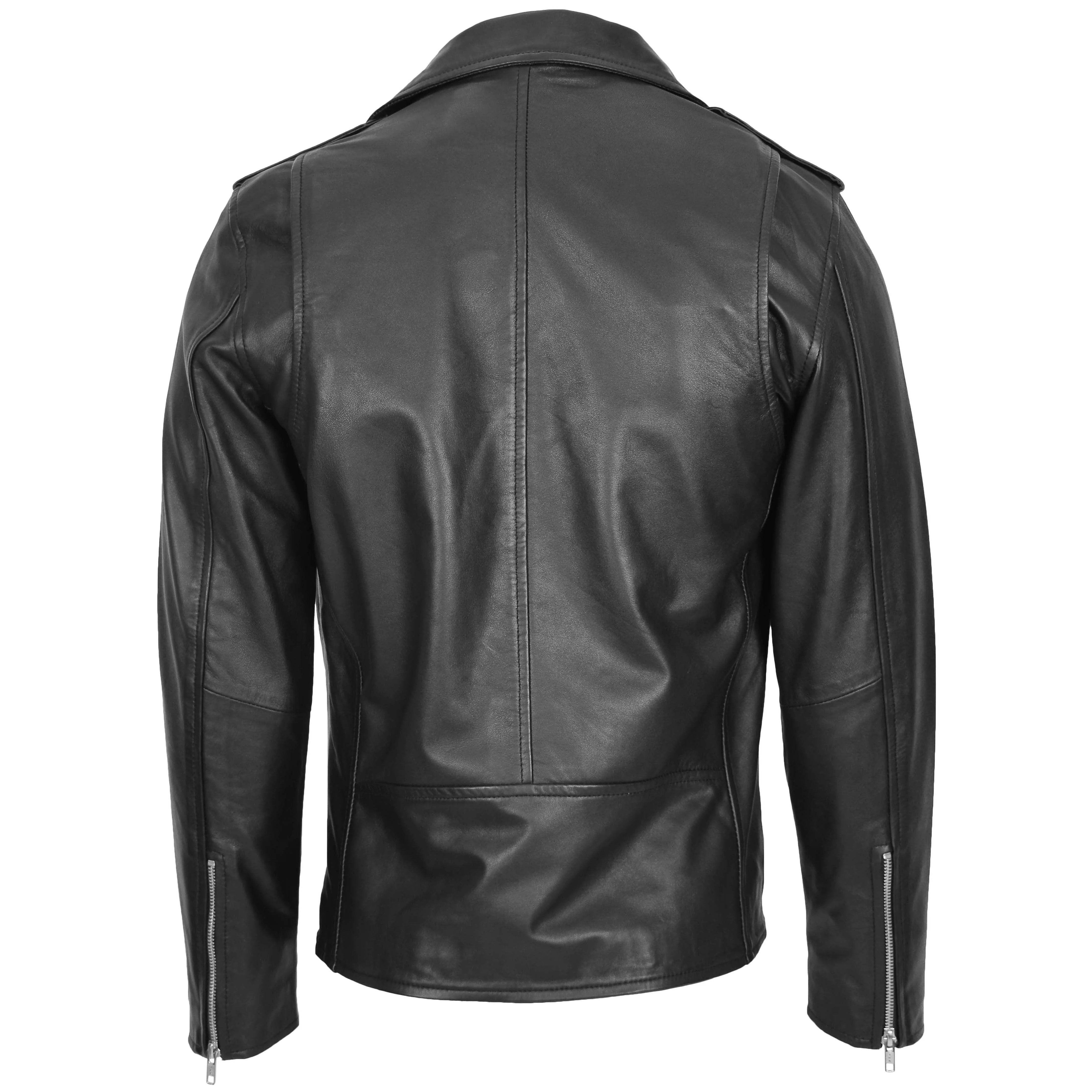 Mens Leather Biker Jacket Brando Style Onyx black