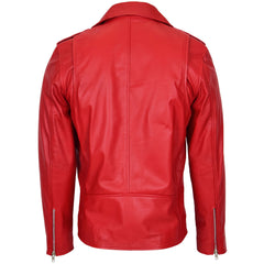 Mens Leather Biker Jacket Brando Style Ruby red