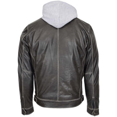 Mens Leather Detachable Hoodie Work Jacket Silver grey