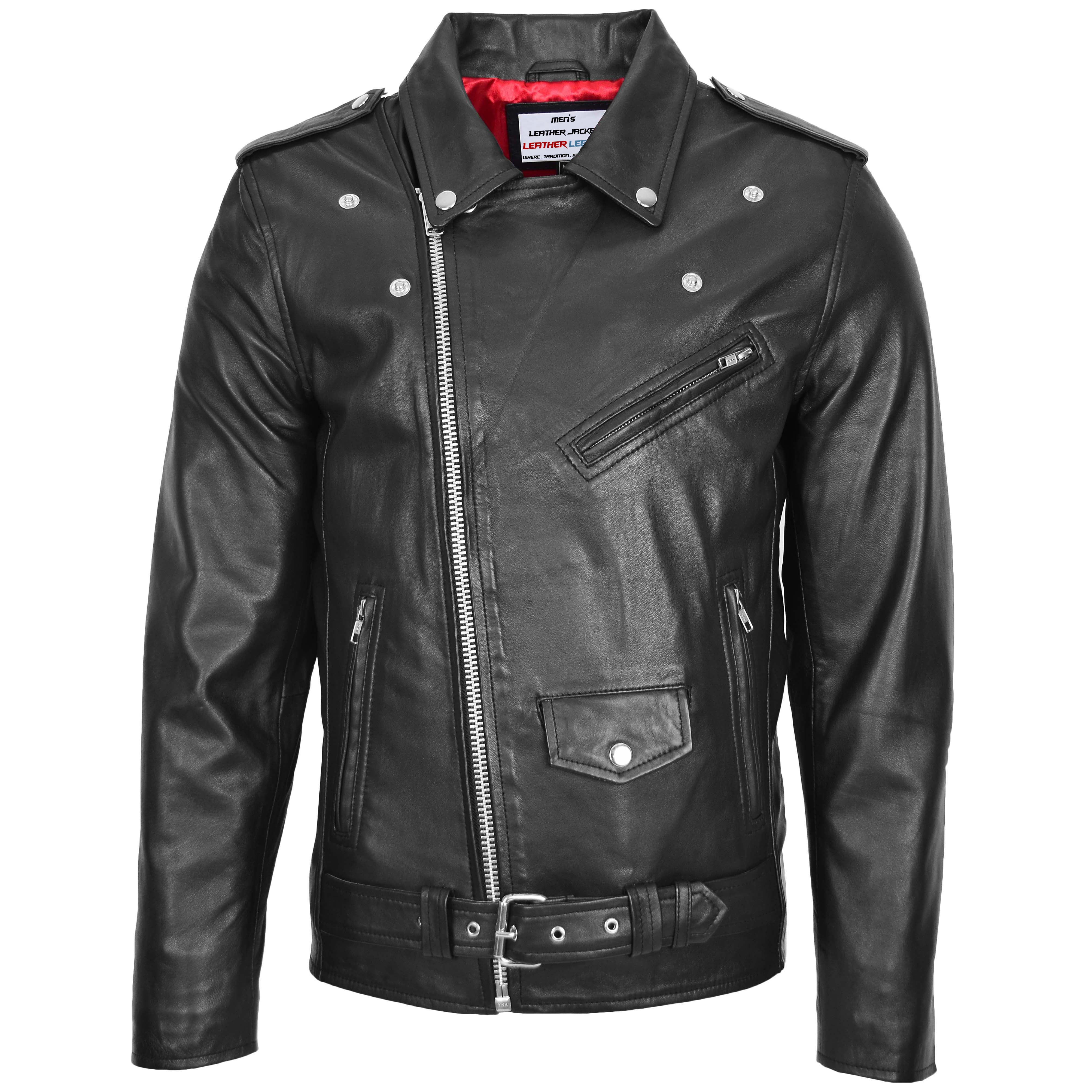 Mens Leather Biker Jacket Brando Style Onyx black