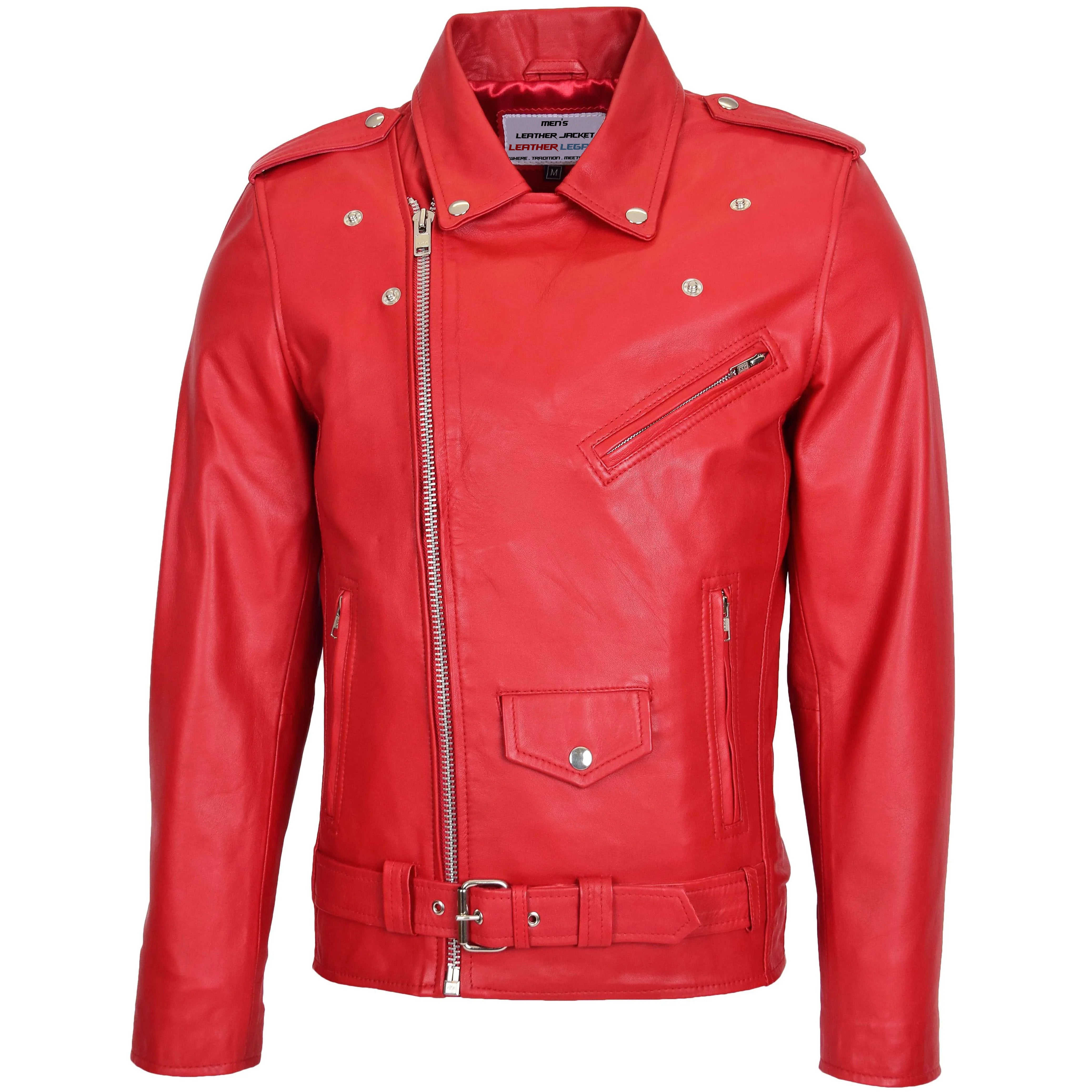 Mens Leather Biker Jacket Brando Style Ruby red