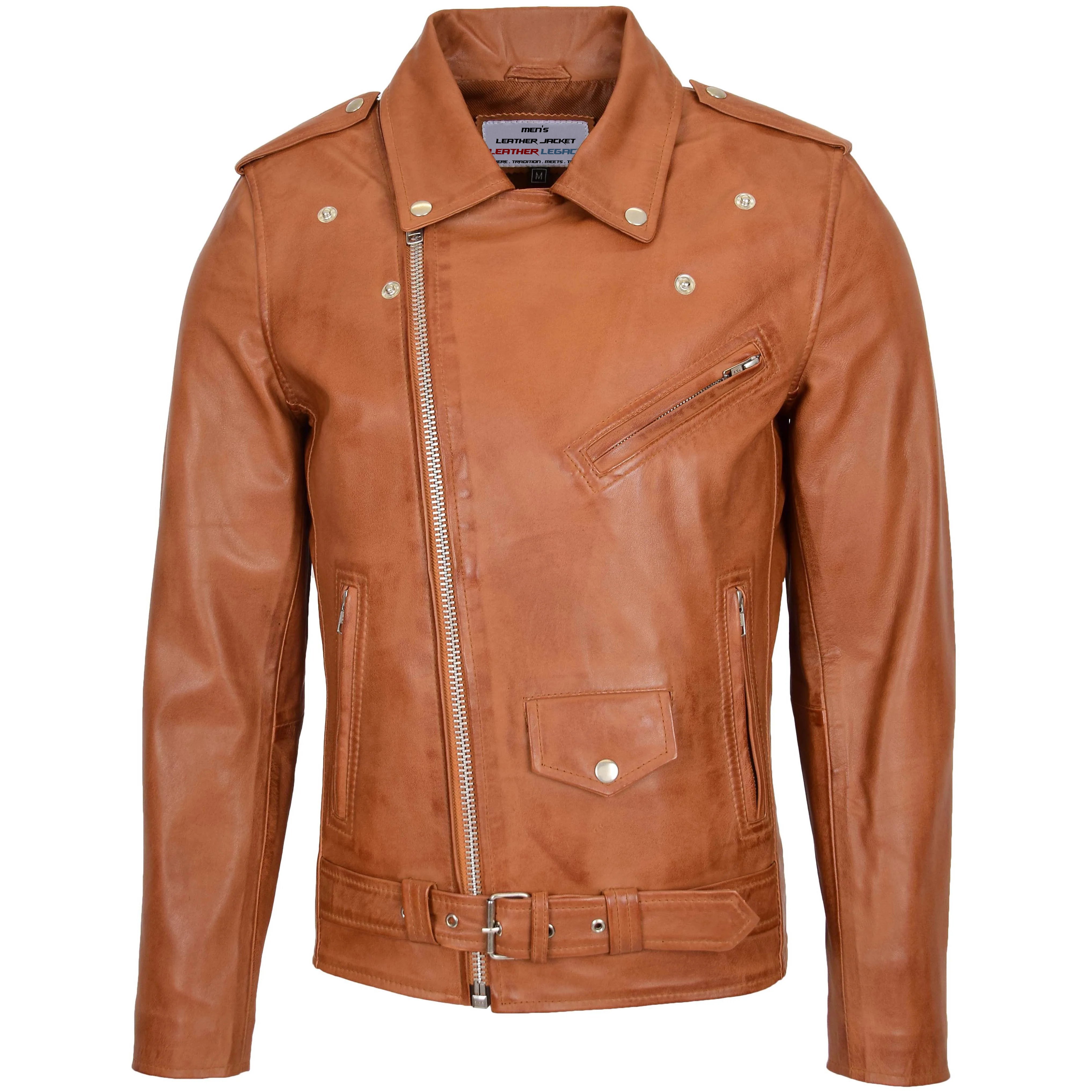 Mens Leather Cafe Racer Biker Jacket Crimson Tan