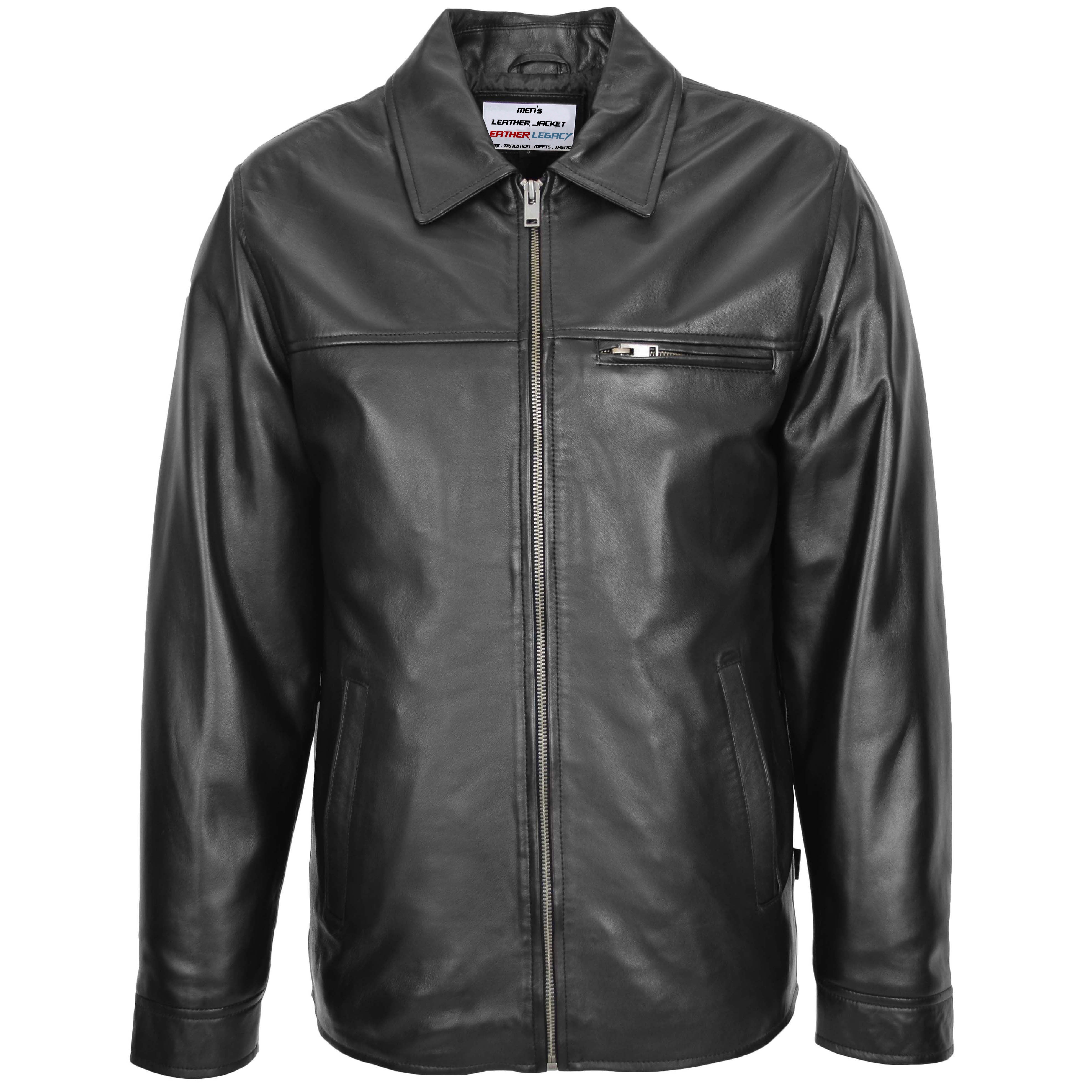 Mens Soft Leather Plain Zip Box Casual Jacket Frank Onyx Black