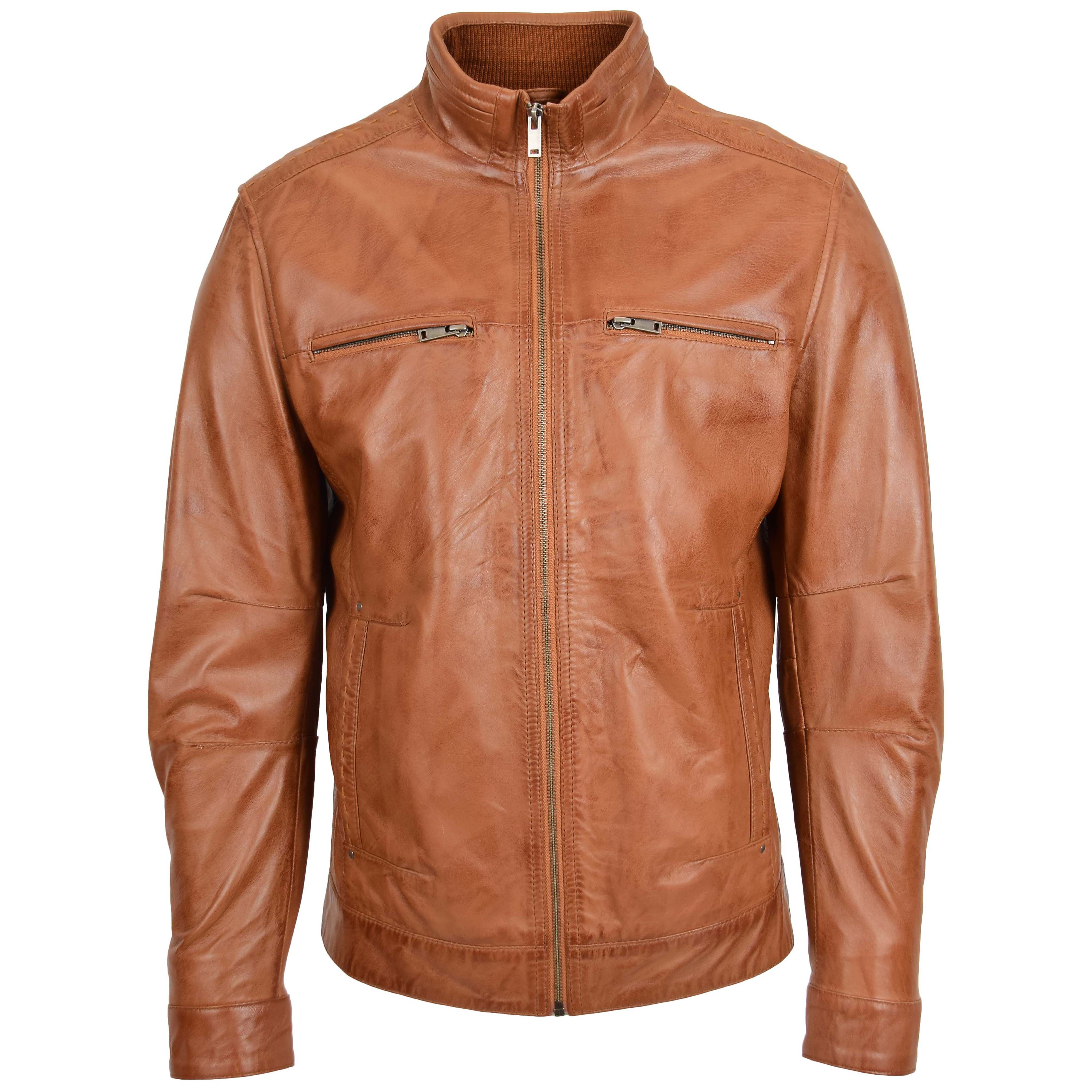 Men’s Standing Collar Leather Jacket Tony Crimson Tan