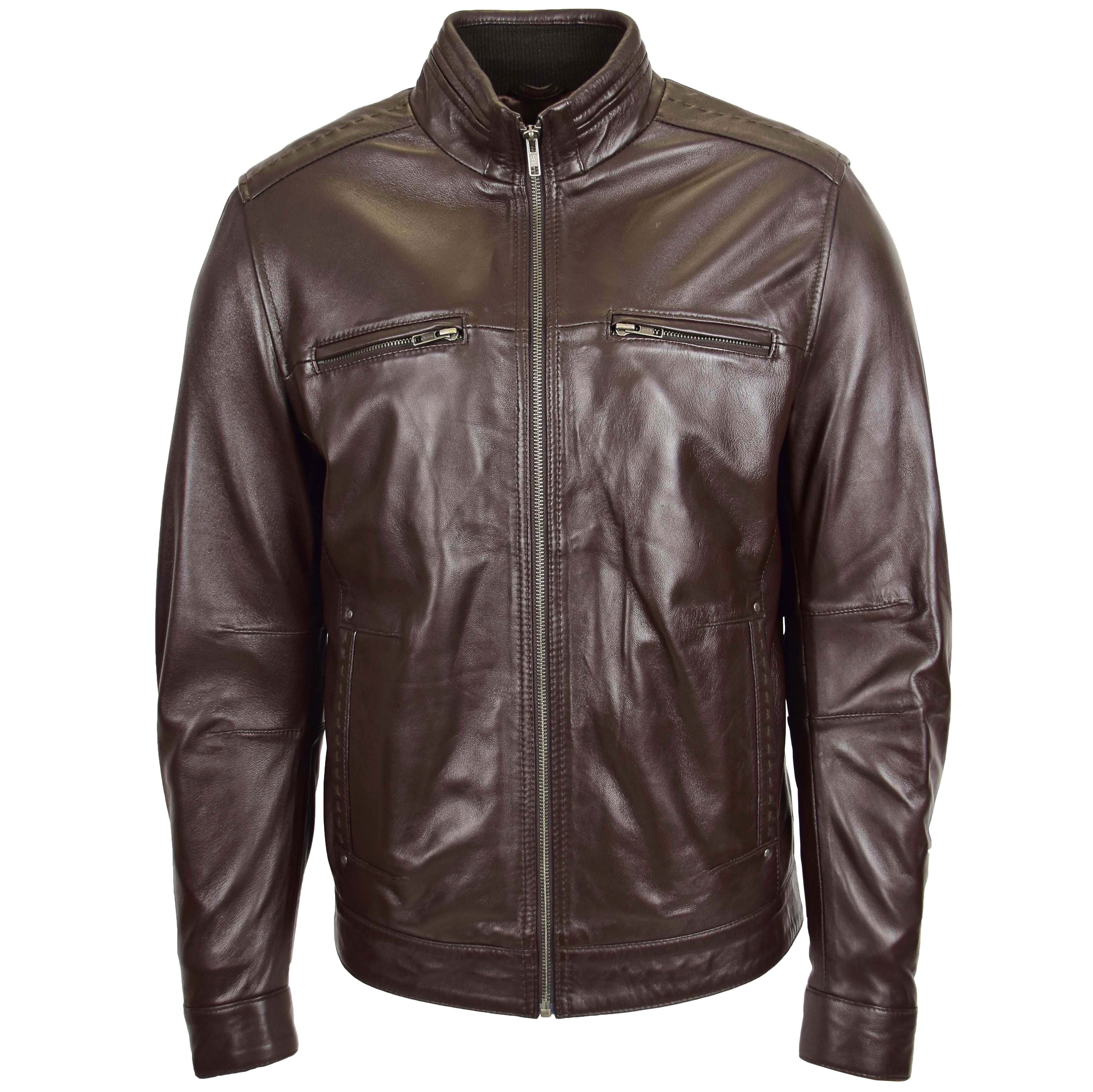 Men’s Standing Collar Leather Jacket Tony Topaz Brown