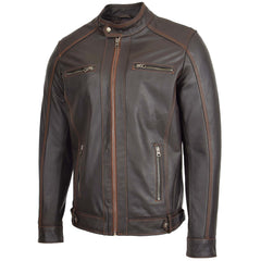 Mens Classic Leather Biker Style Zip Jacket Topaz brown