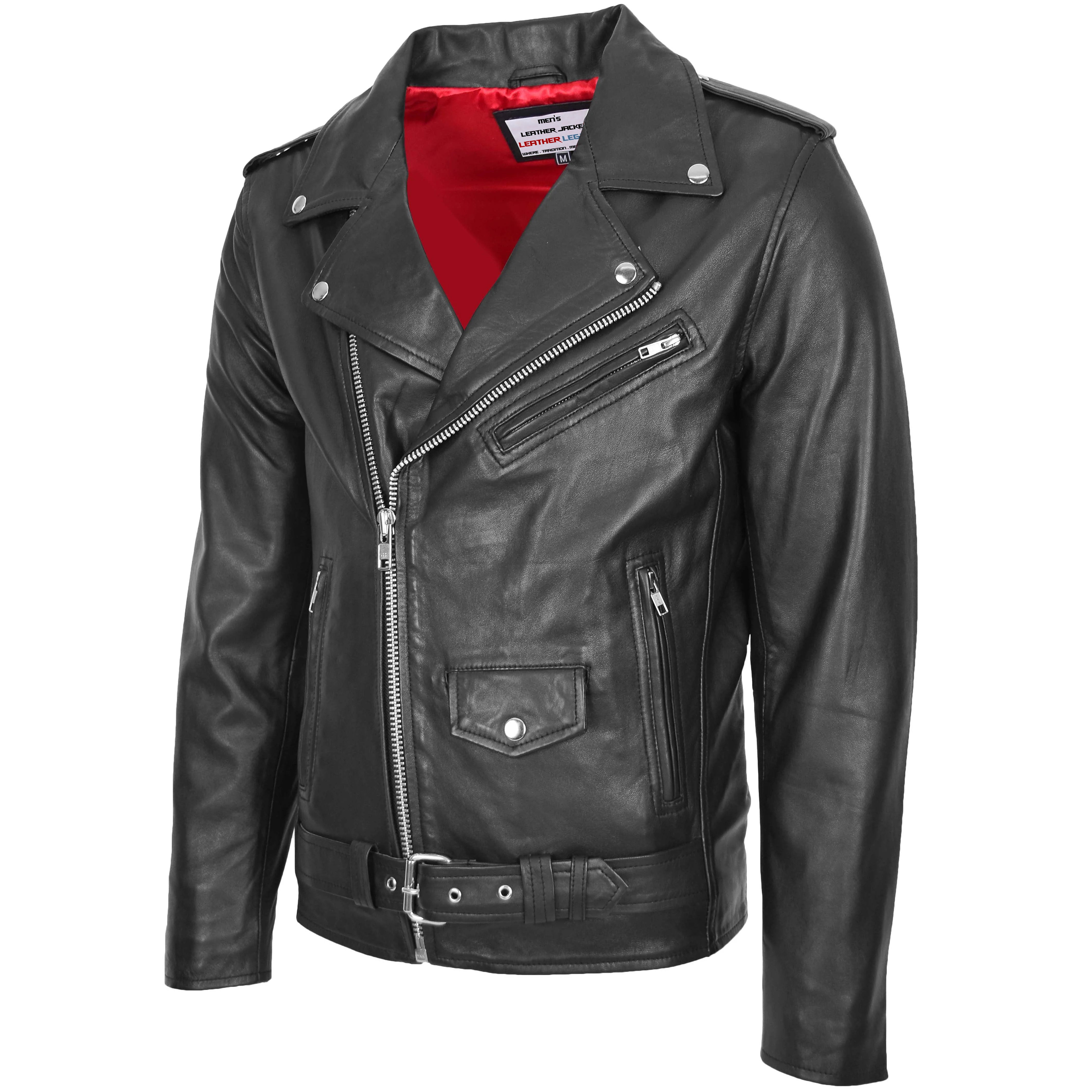 Mens Leather Biker Jacket Brando Style Onyx black