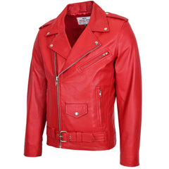 Mens Leather Biker Jacket Brando Style Ruby red