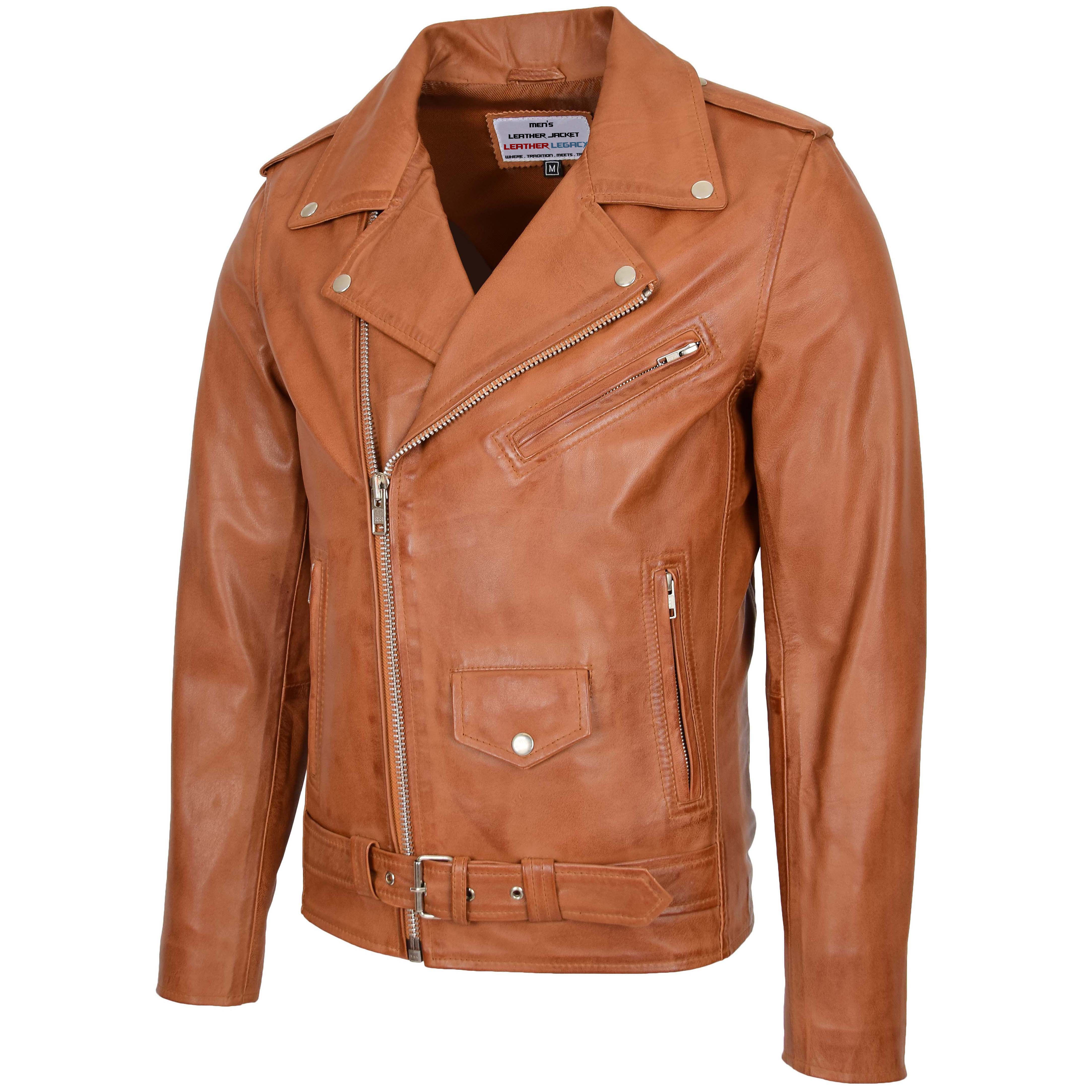 Mens Leather Cafe Racer Biker Jacket Crimson Tan