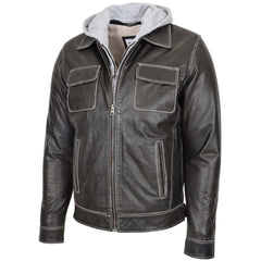 Mens Leather Detachable Hoodie Work Jacket Silver grey