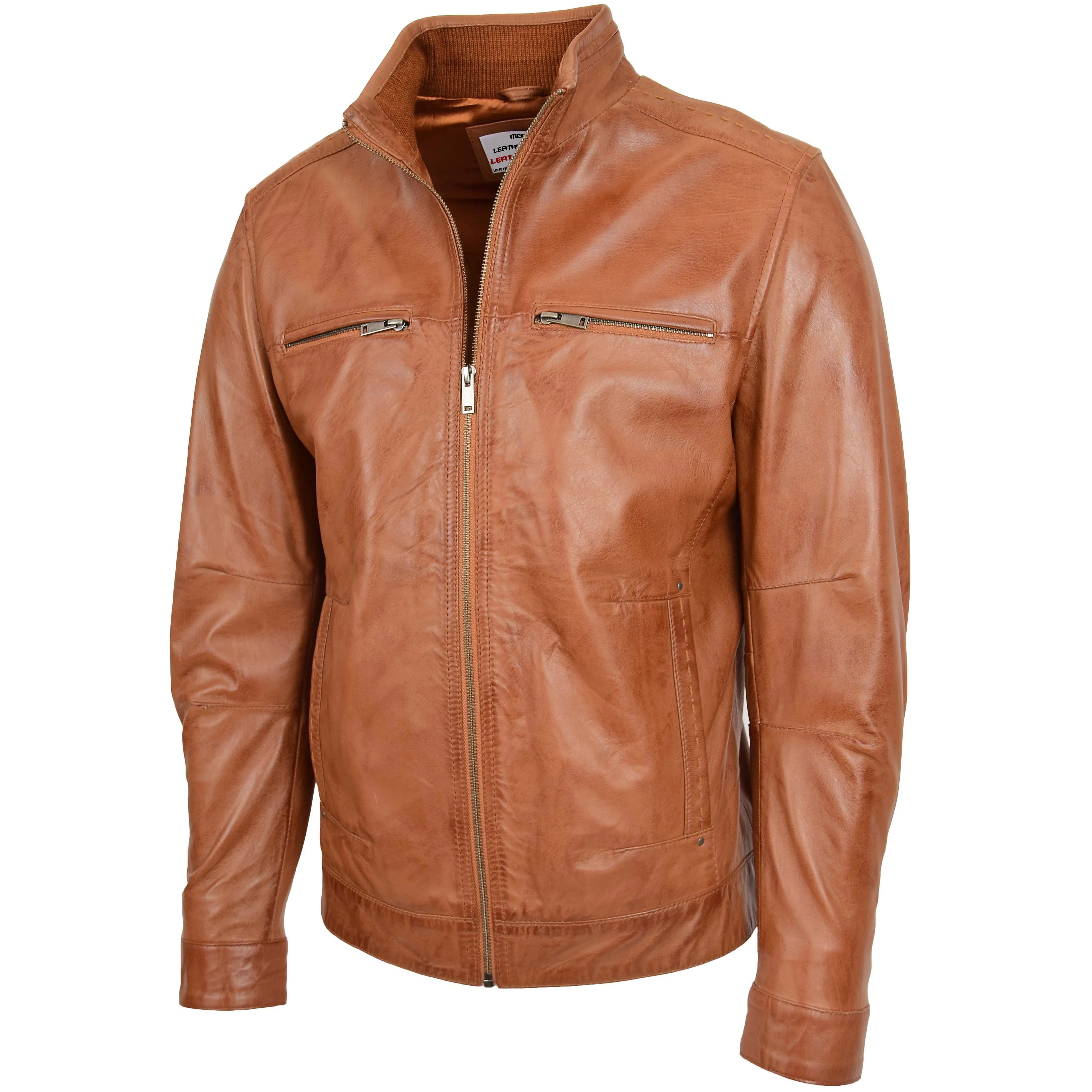 Men’s Standing Collar Leather Jacket Tony Crimson Tan