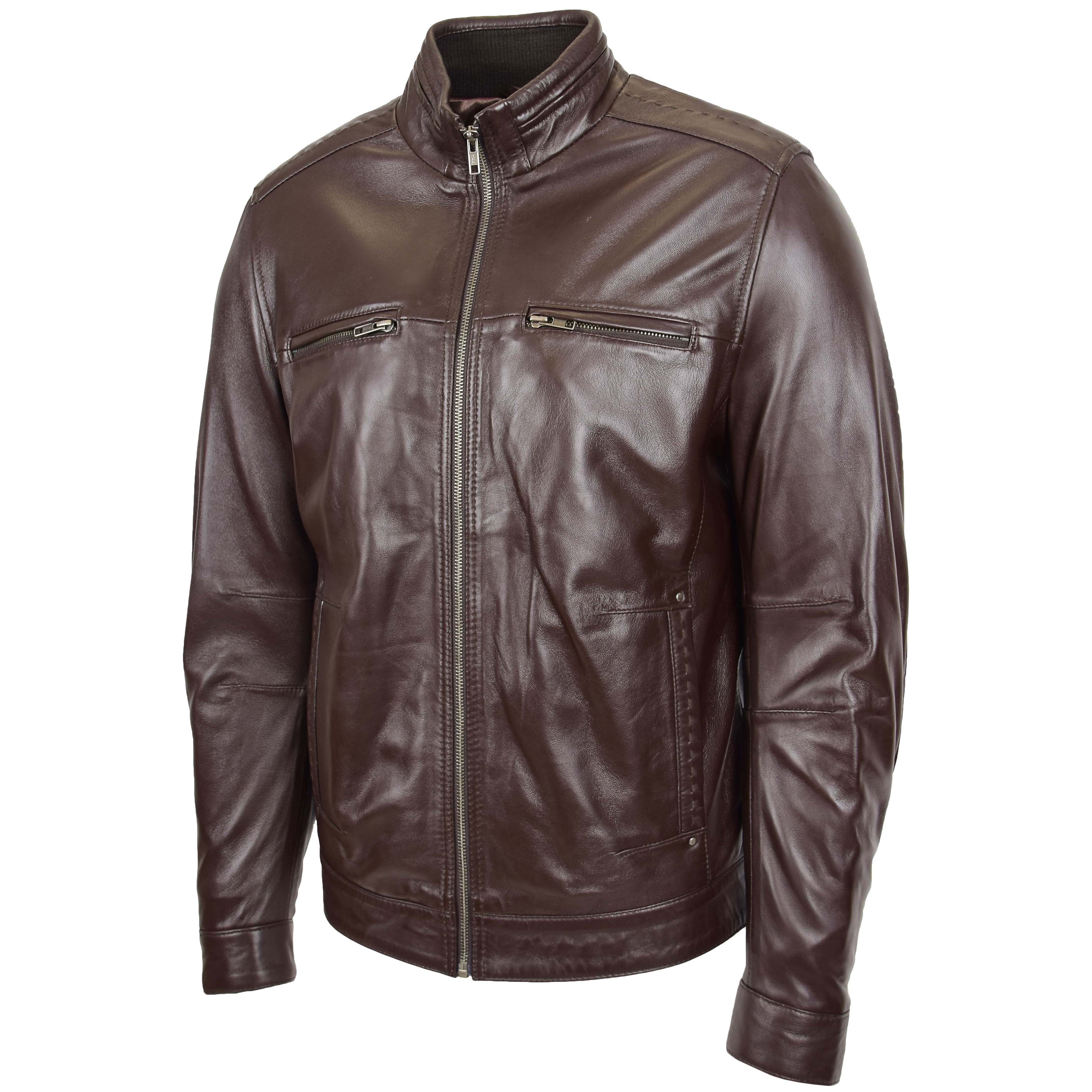 Men’s Standing Collar Leather Jacket Tony Topaz Brown