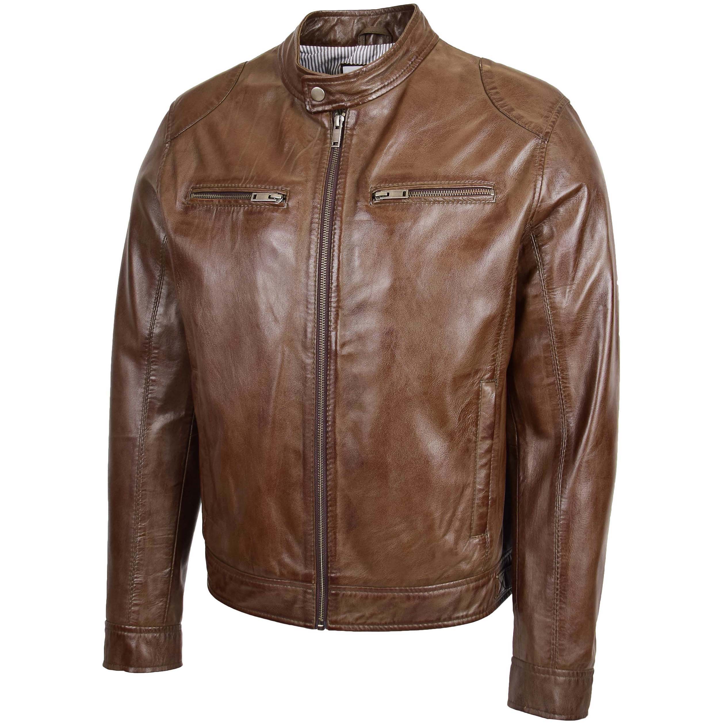 Mens Biker Soft Casual Leather Jacket Topaz brown