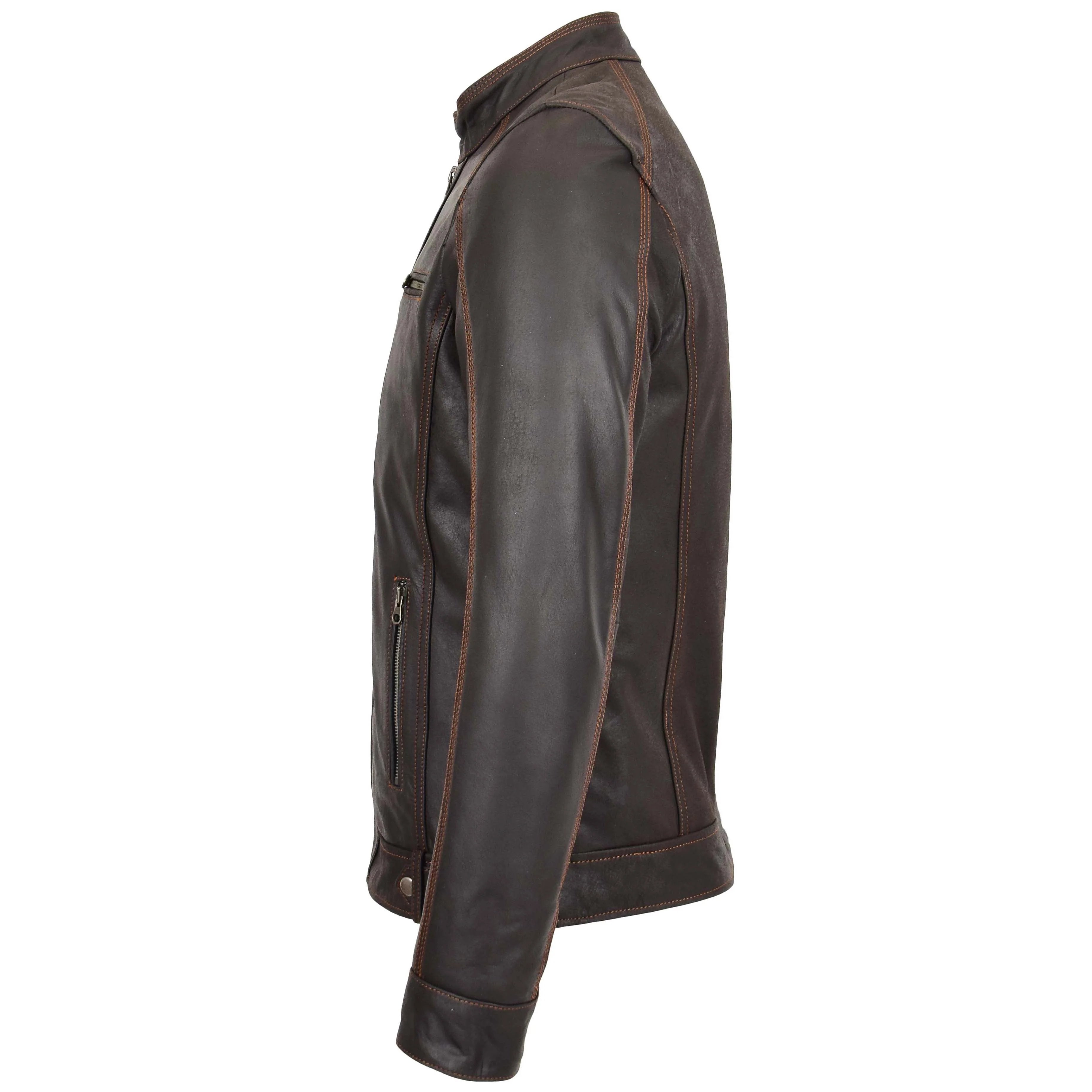 Mens Classic Leather Biker Style Zip Jacket Topaz brown