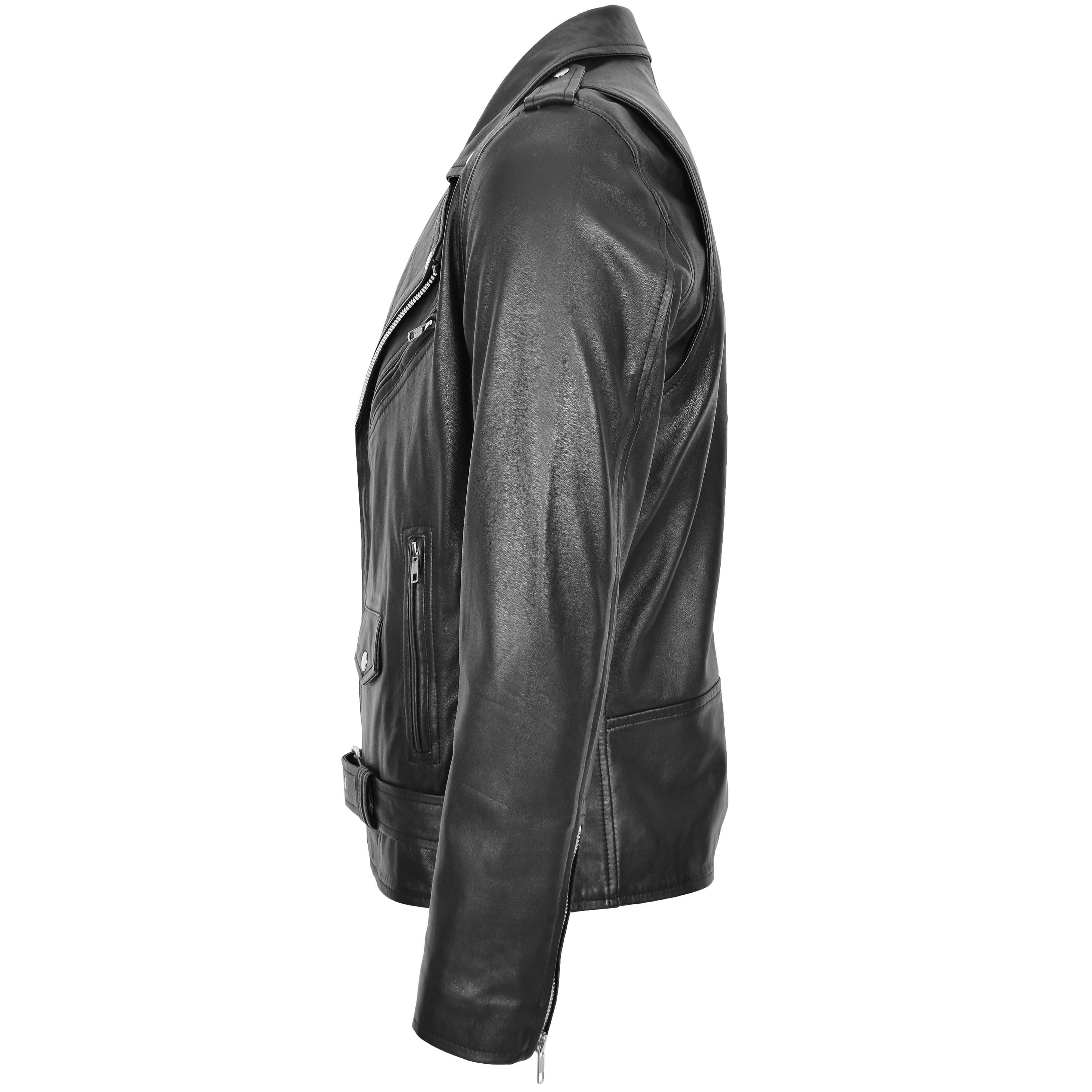 Mens Leather Biker Jacket Brando Style Onyx black