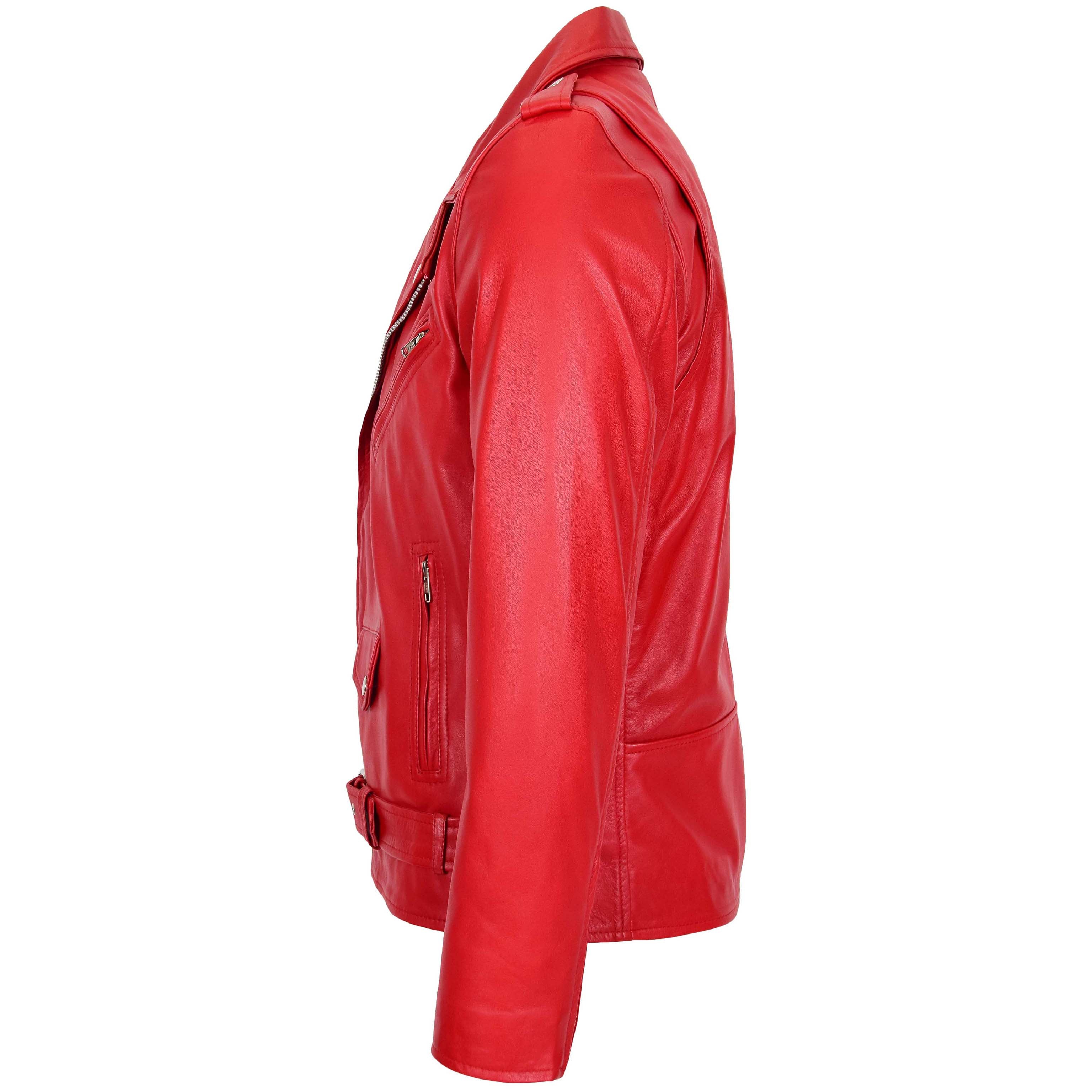 Mens Leather Biker Jacket Brando Style Ruby red