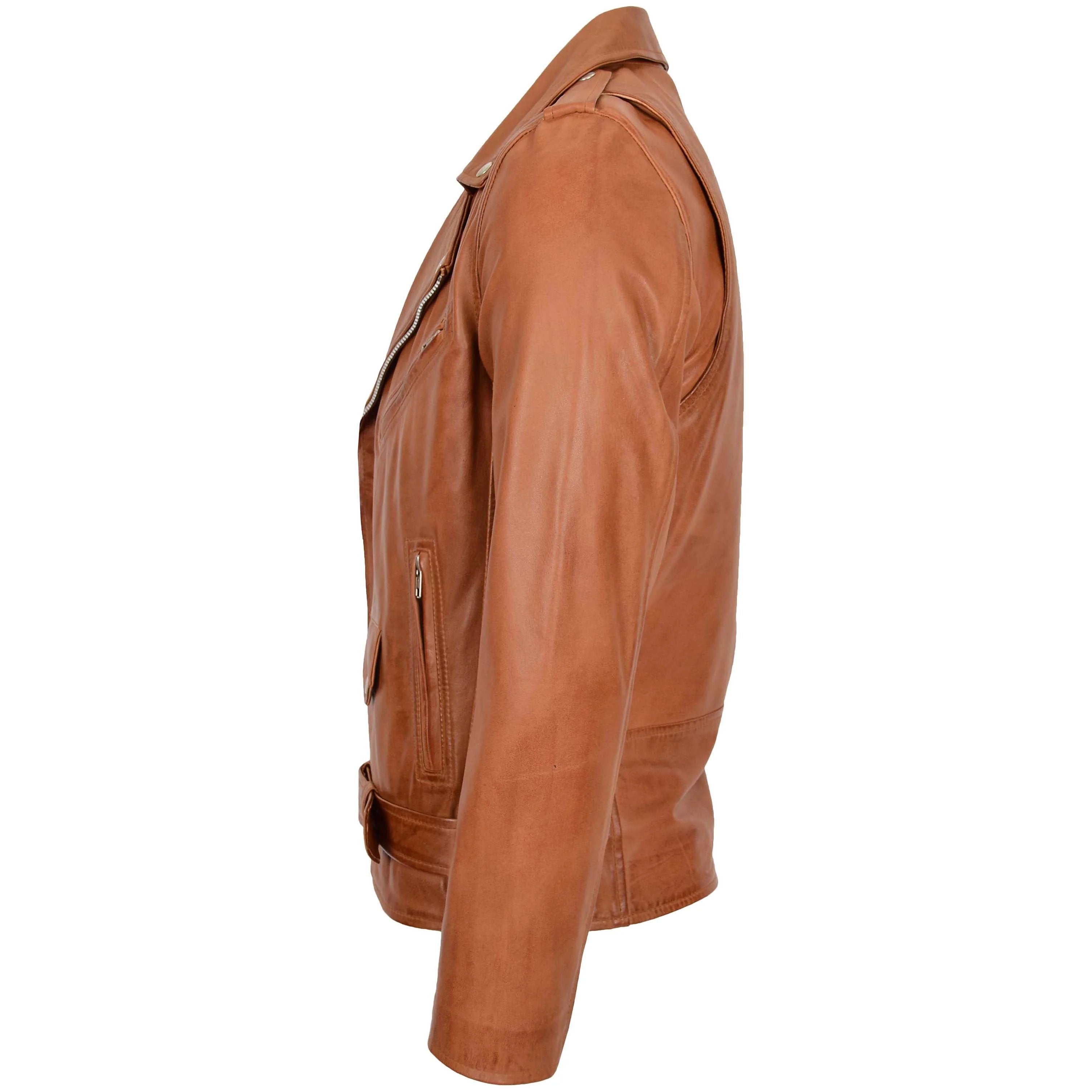 Mens Leather Cafe Racer Biker Jacket Crimson Tan