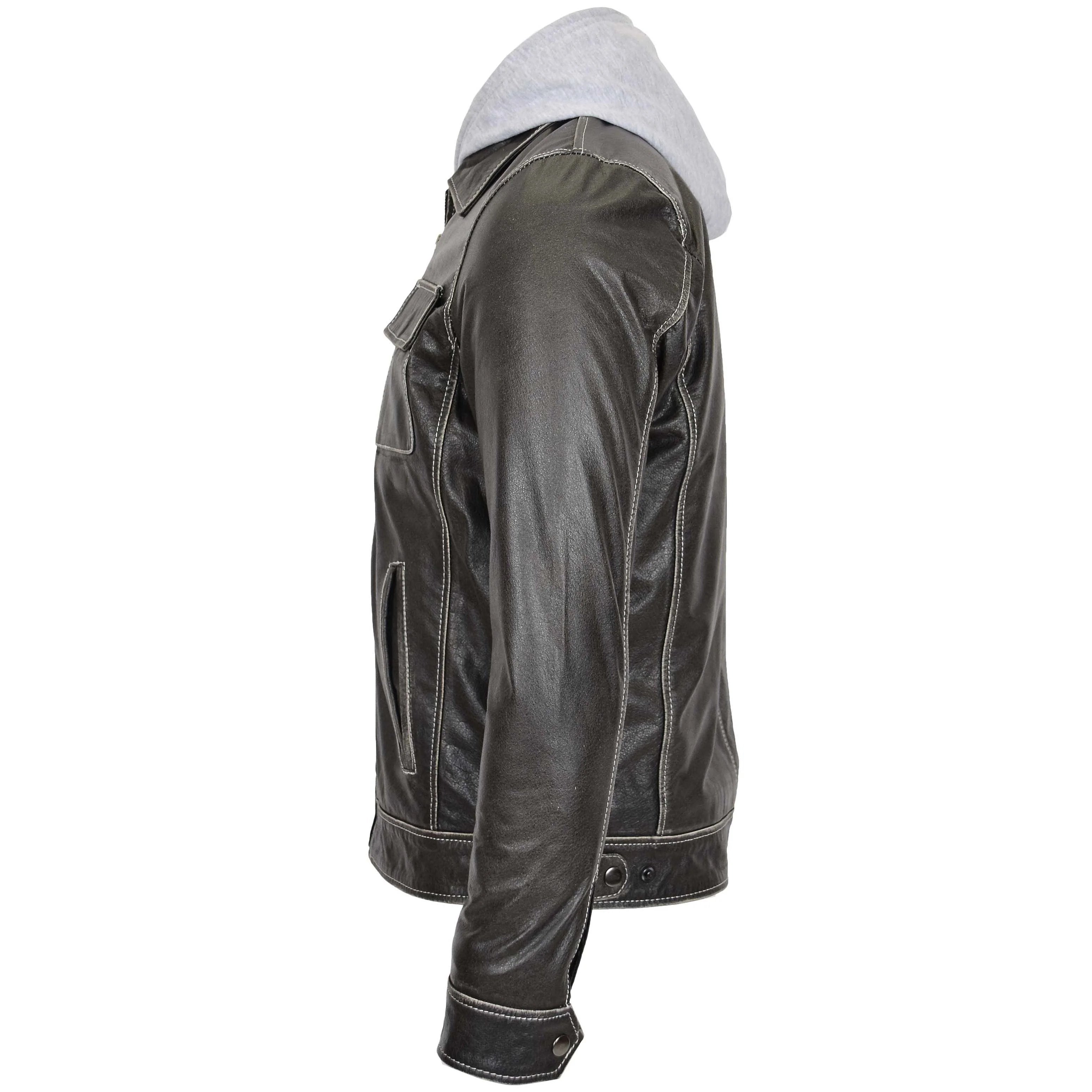 Mens Leather Detachable Hoodie Work Jacket Silver grey