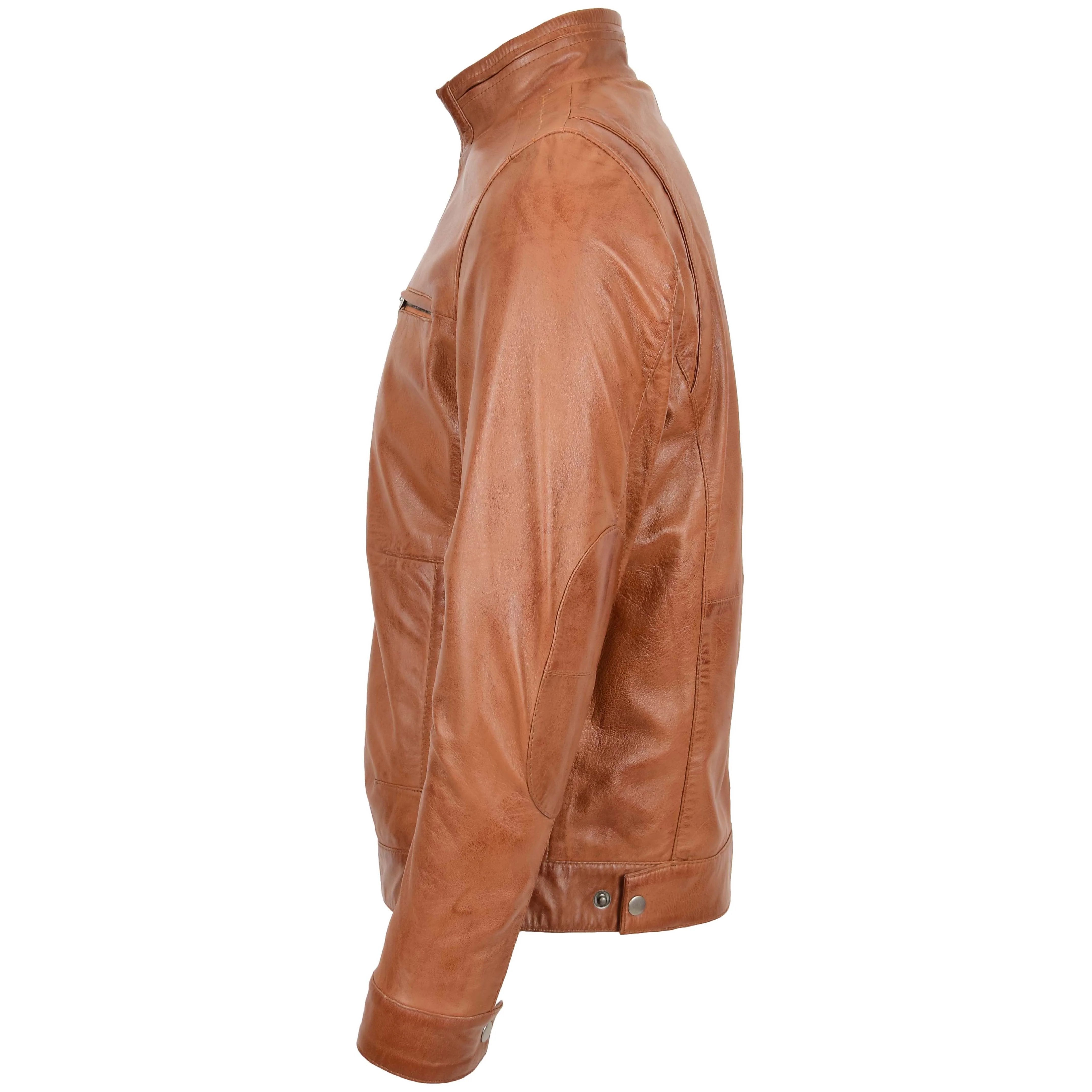 Men’s Standing Collar Leather Jacket Tony Crimson Tan