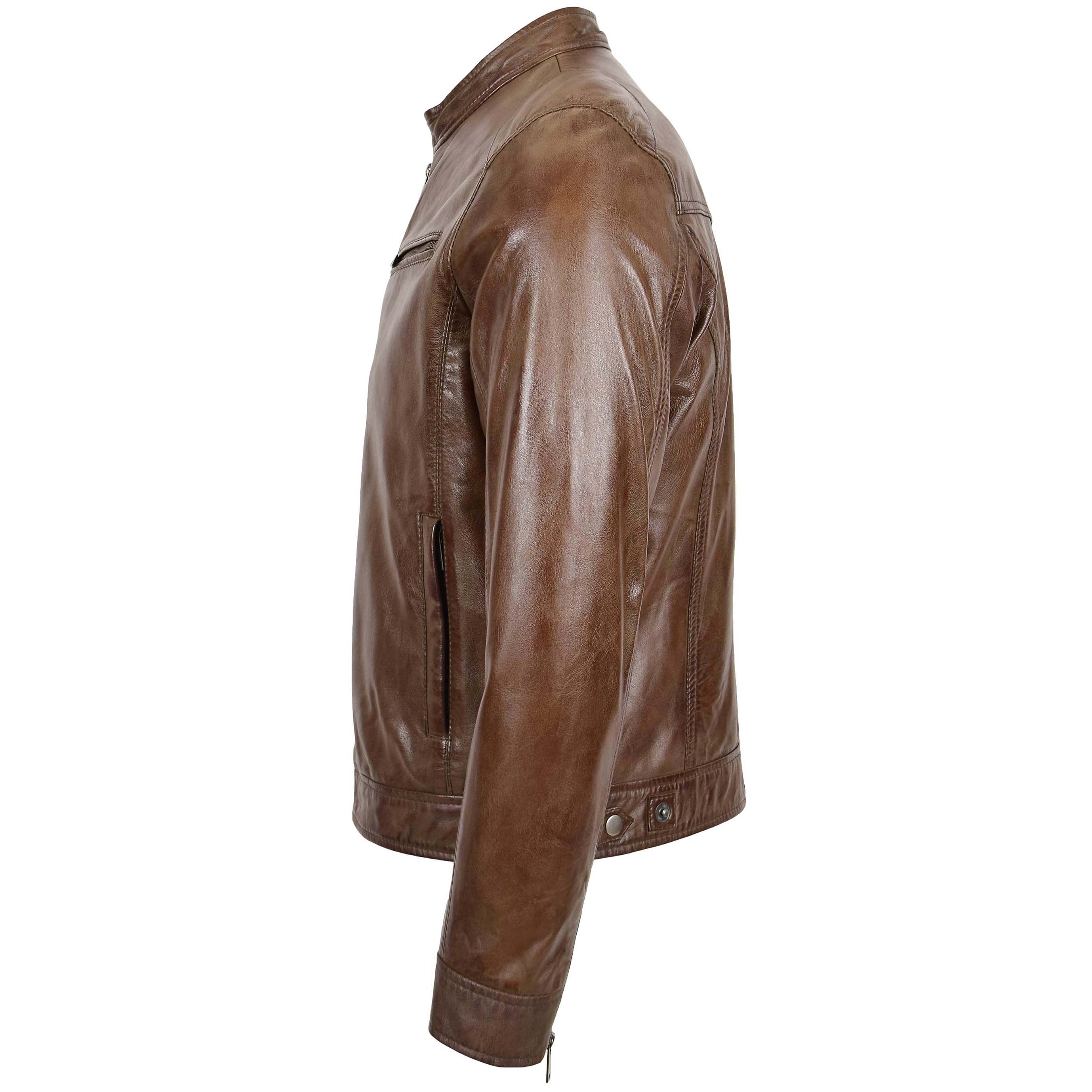 Mens Biker Soft Casual Leather Jacket Topaz brown