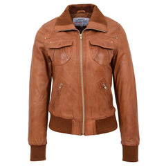 Womens Leather Classic Bomber Jacket Motto Crimson Tan