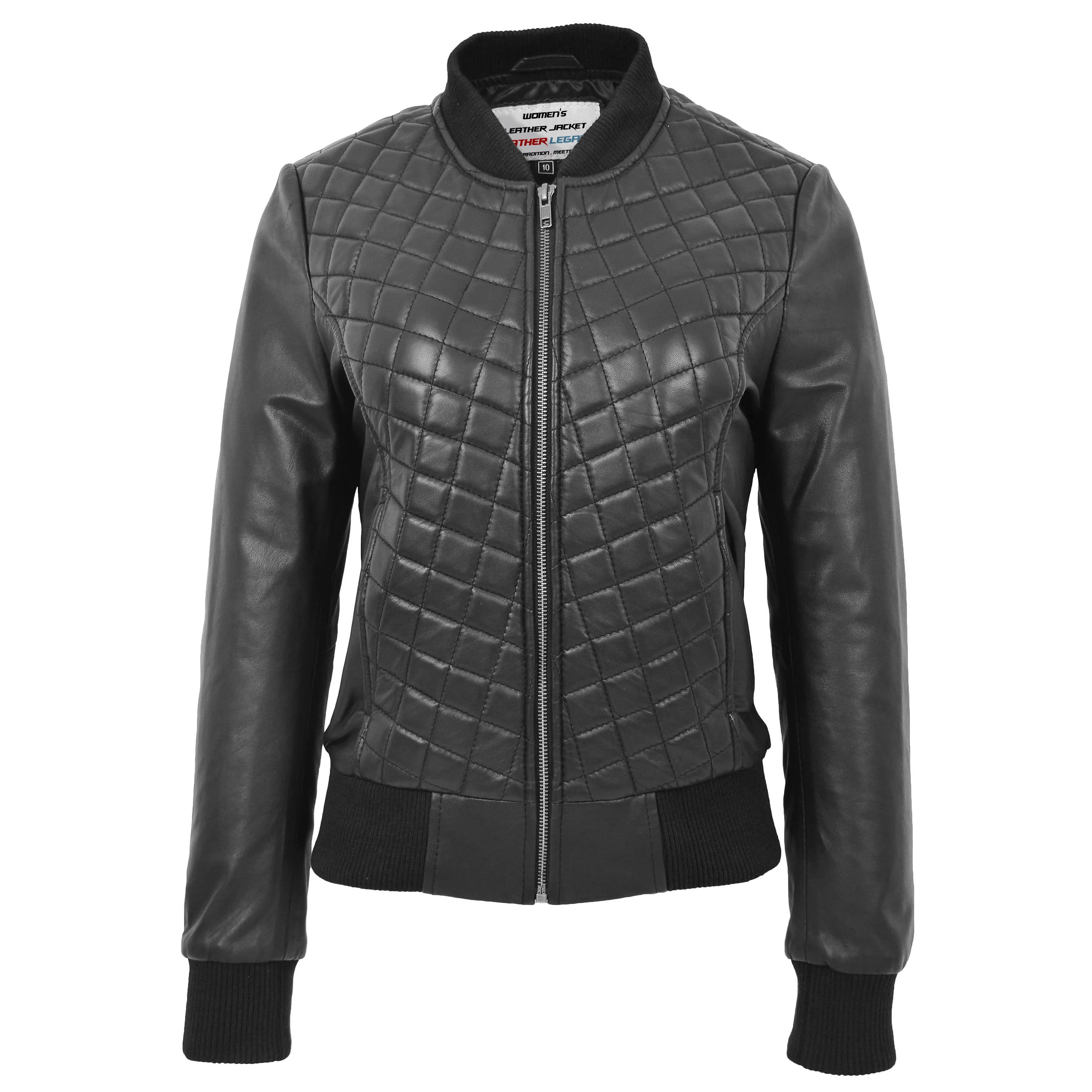 Womens Leather Varsity Quilted Bomber Jacket Onyx Black