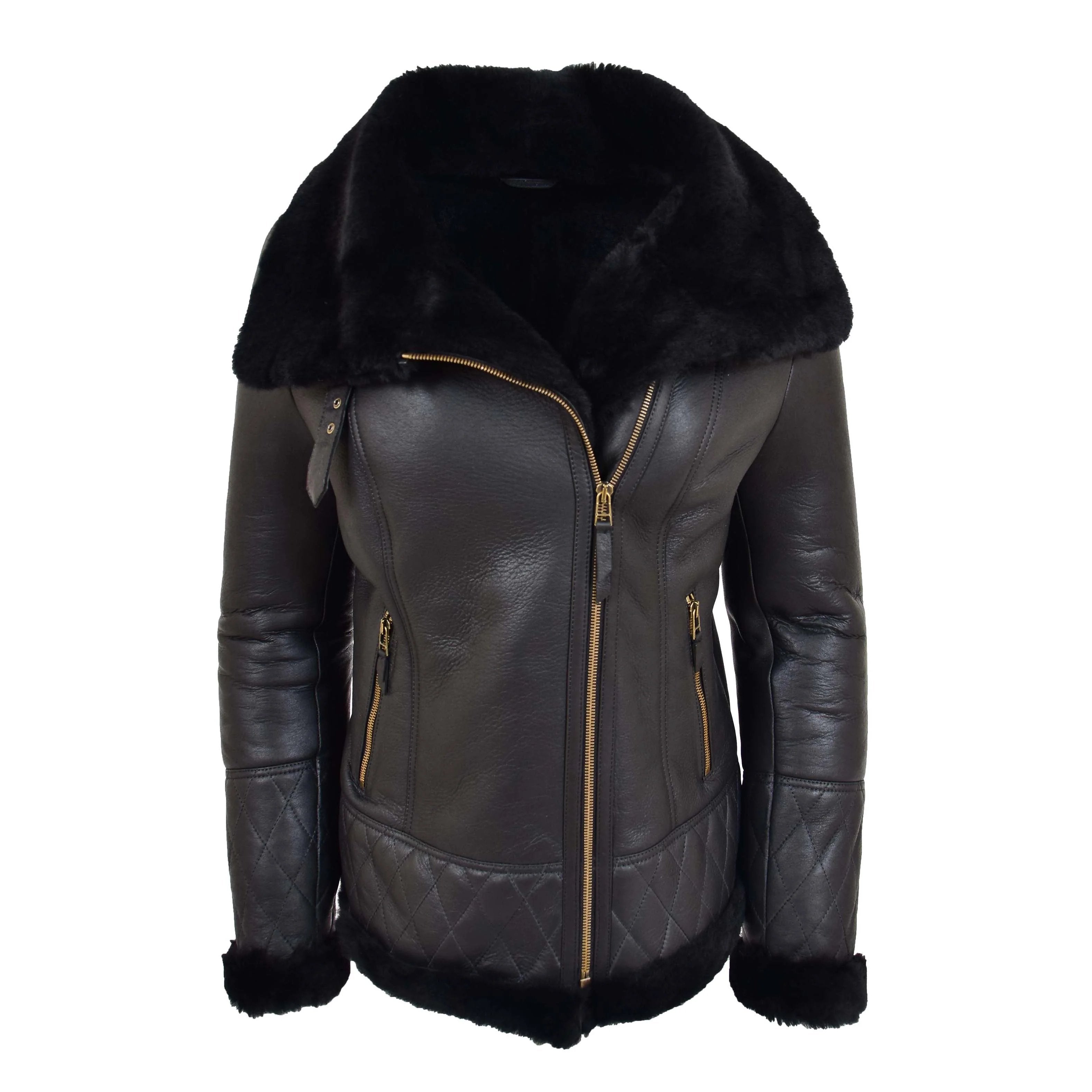 Womens Merino Sheepskin Aviator Jacket Onyx Black