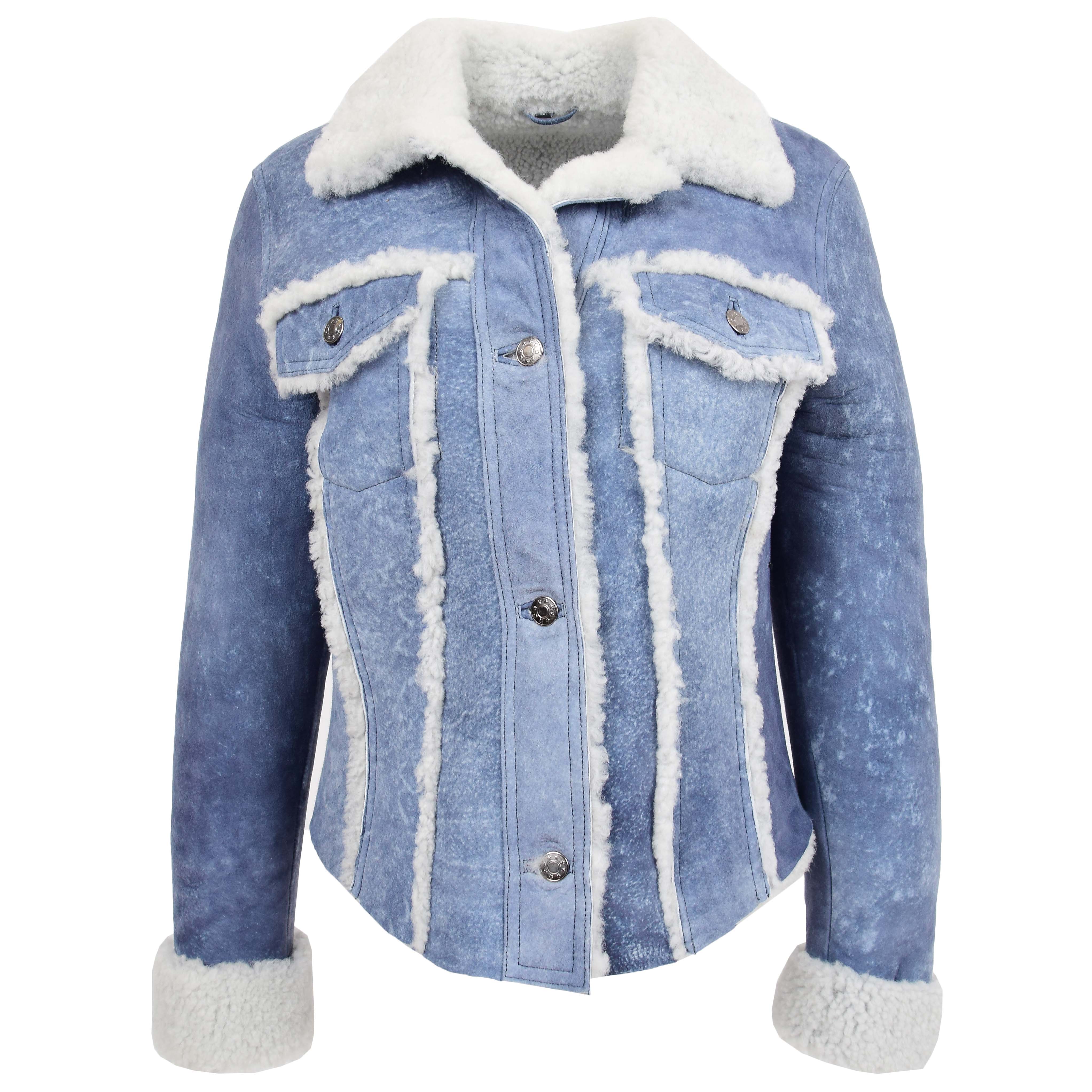 Womens Real Sheepskin Trucker Jacket Kylie Denim Sapphire Blue