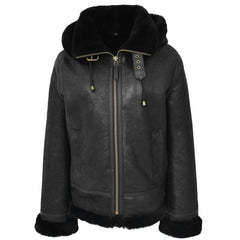 Womens Sheepskin B3 Detachable Hoodie Jacket Onyx Black